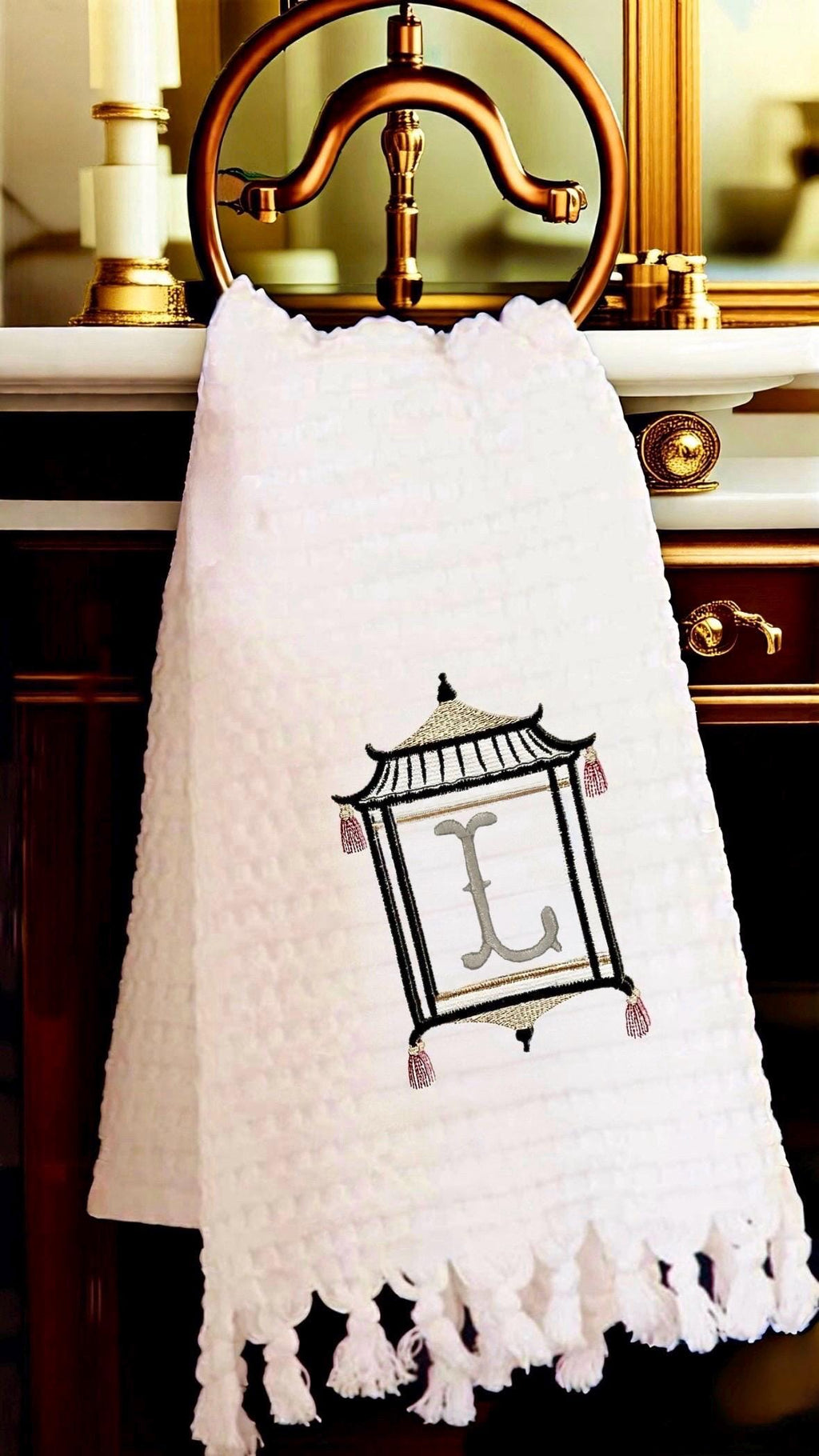 Monogrammed Pagoda Temple Towel Embroidered Chinoiserie Pagoda linen Hand Kitchen towel Personalized decor guest towels Asian embroidery