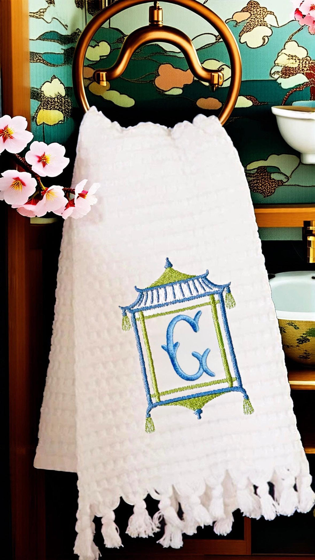Monogrammed Pagoda Temple Towel Embroidered Chinoiserie Pagoda linen Hand Kitchen towel Personalized decor guest towels Asian embroidery