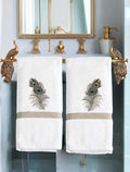 Peacock Feather Embroidered Linen Hand Towel Powder Room Decor tuxedo Stripe hand towel
