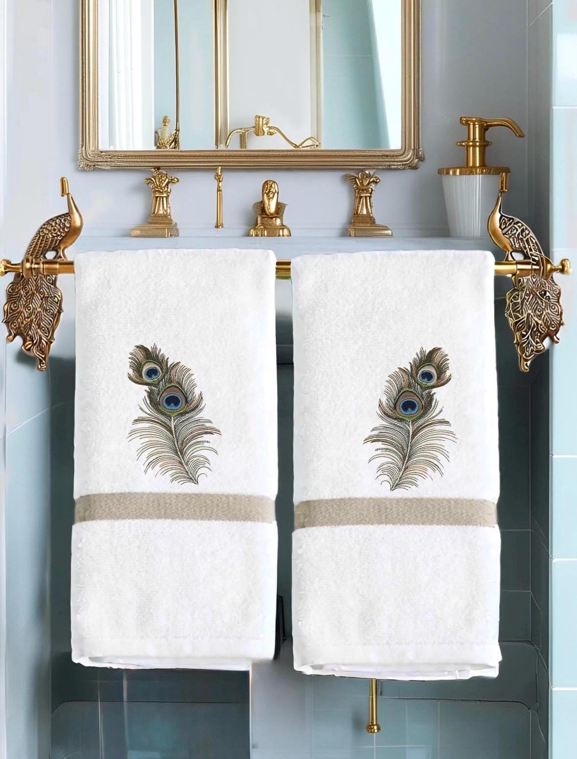 Peacock Feather Embroidered Linen Hand Towel Powder Room Decor tuxedo Stripe hand towel