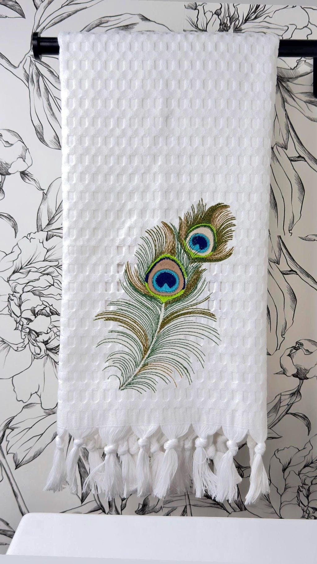 Peacock Feather Embroidered Linen Hand Towel Powder Room Decor tuxedo Stripe hand towel