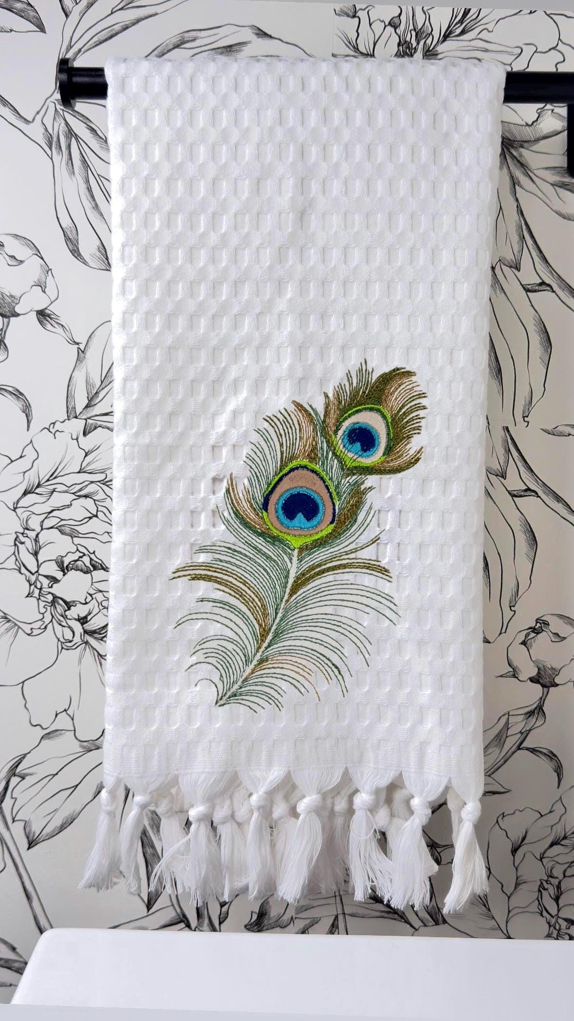 Peacock Feather Embroidered Linen Hand Towel Powder Room Decor tuxedo Stripe hand towel