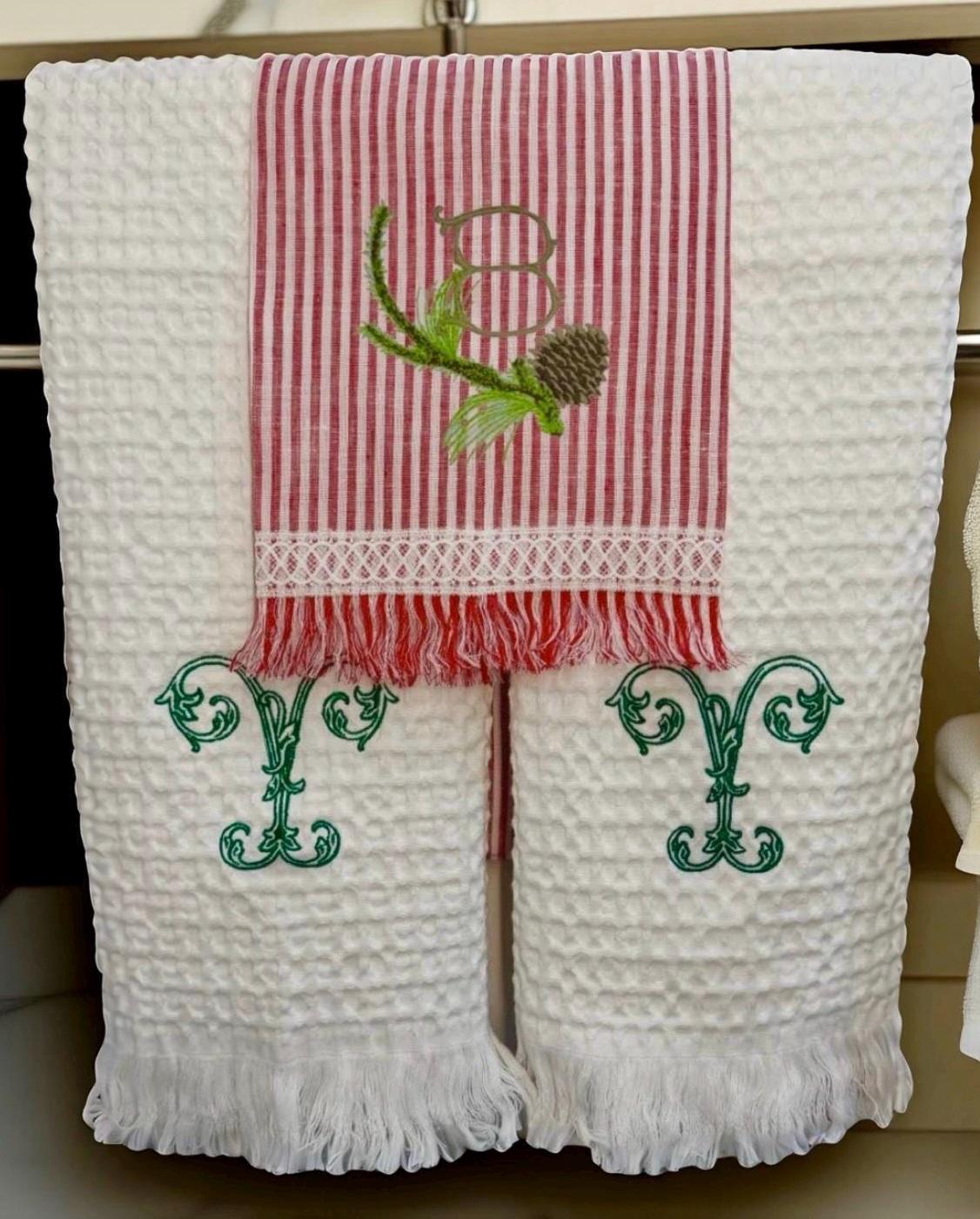 Christmas pinecone branch embroidered linen hand towel Personalized holiday bathroom decor guest towels festive embroidery hand towels