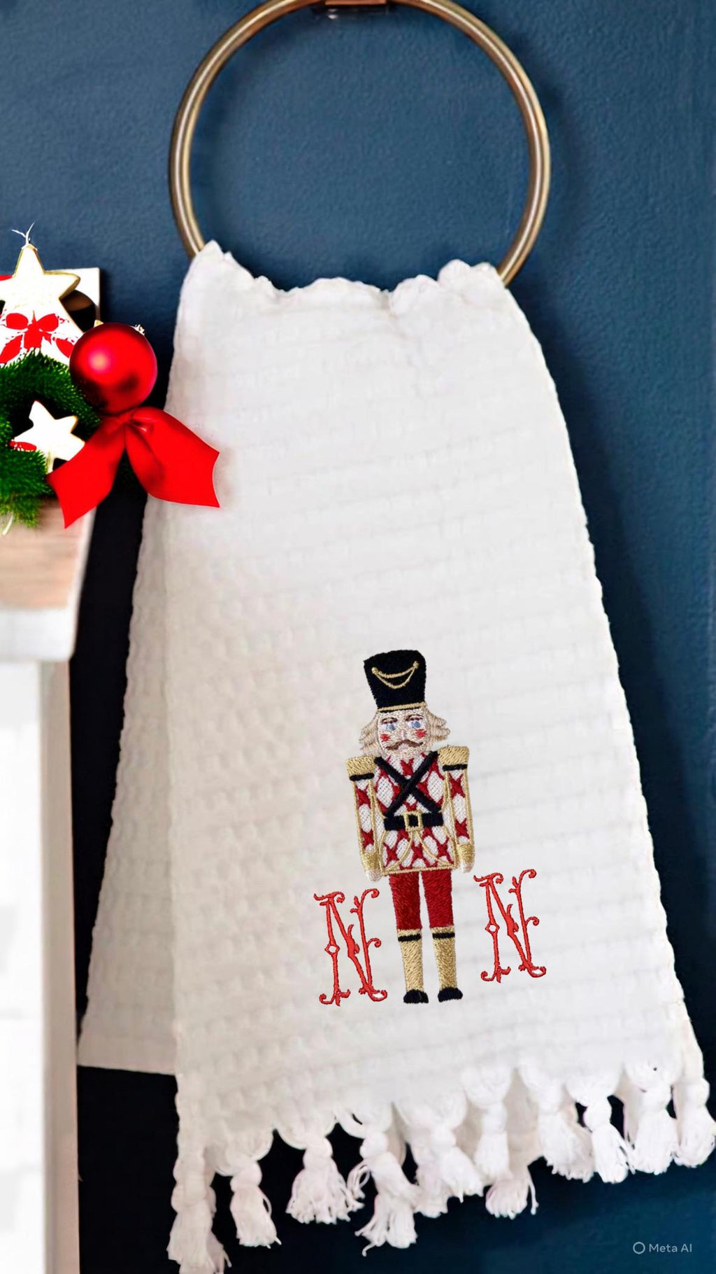 Christmas Personalized linen guest towels embroidered nutcracker monogram bathroom towels festive embroidery designs guest bathroom towels