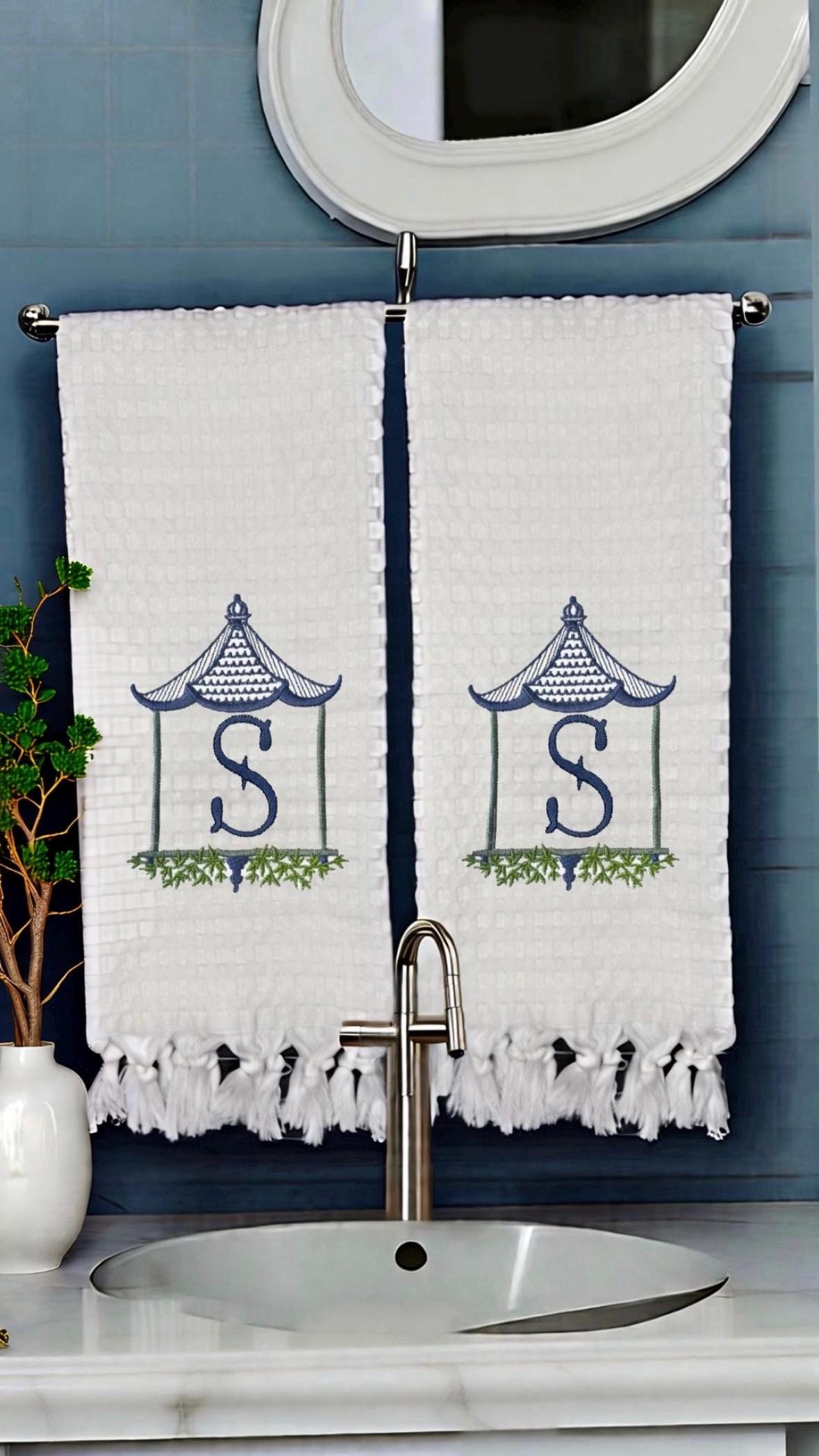 Monogrammed Pagoda Temple Towel Embroidered Chinoiserie Pagoda linen Hand Kitchen towel Personalized decor guest towels Asian embroidery