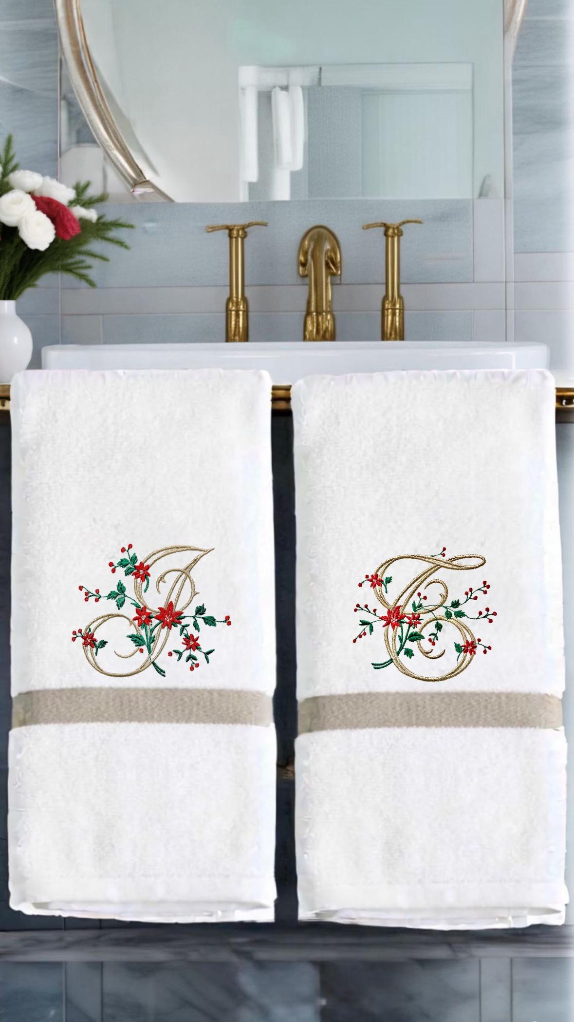 Christmas Personalized linen guest towels embroidered poinsettia monogram bathroom towels festive embroidery designs guest bathroom towels