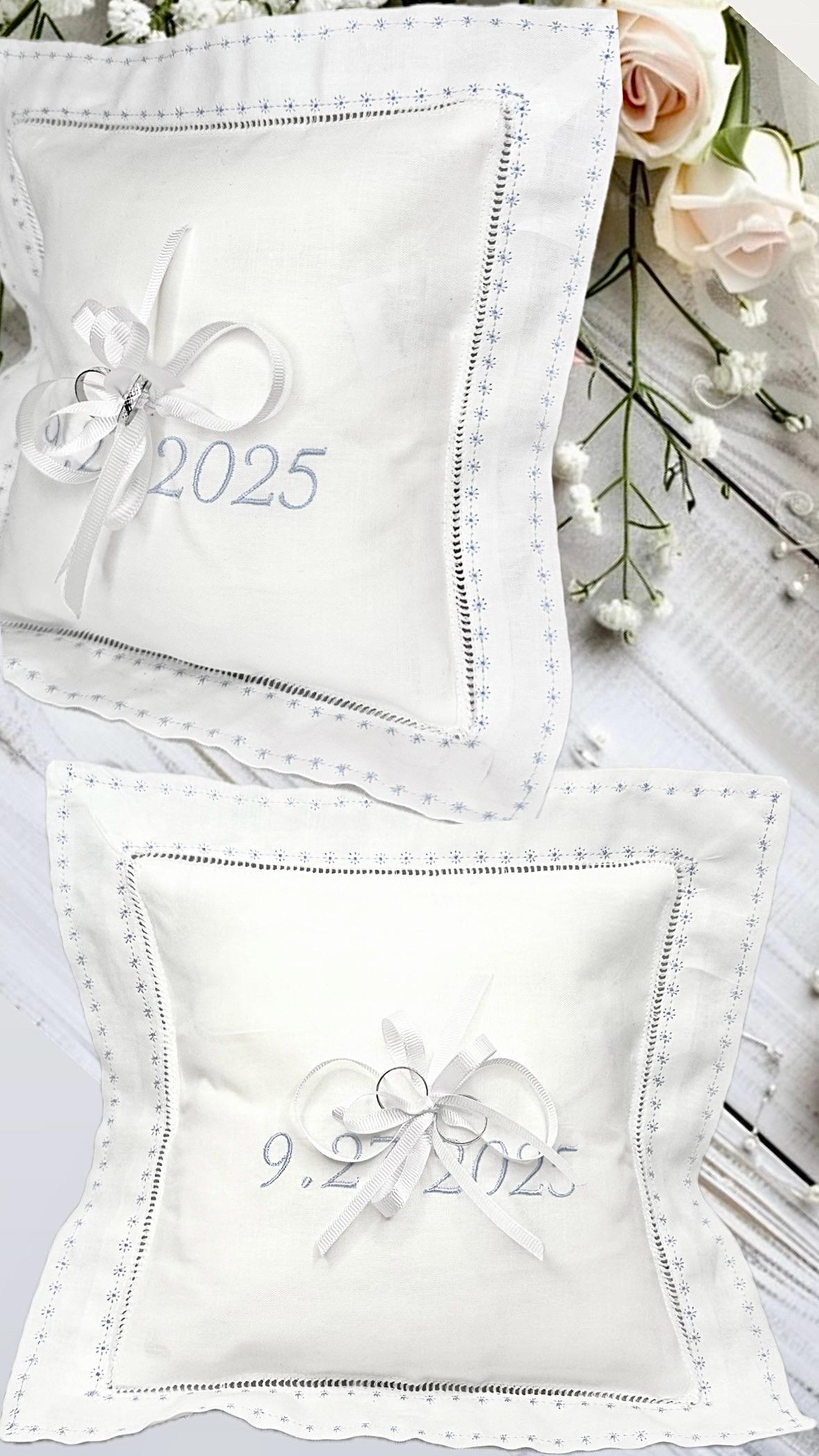 Ring bearer pillow personalized linen hemstitch Swiss dots ring cushion embroidered Monogrammed Engagement custom ring bearer linen pillow
