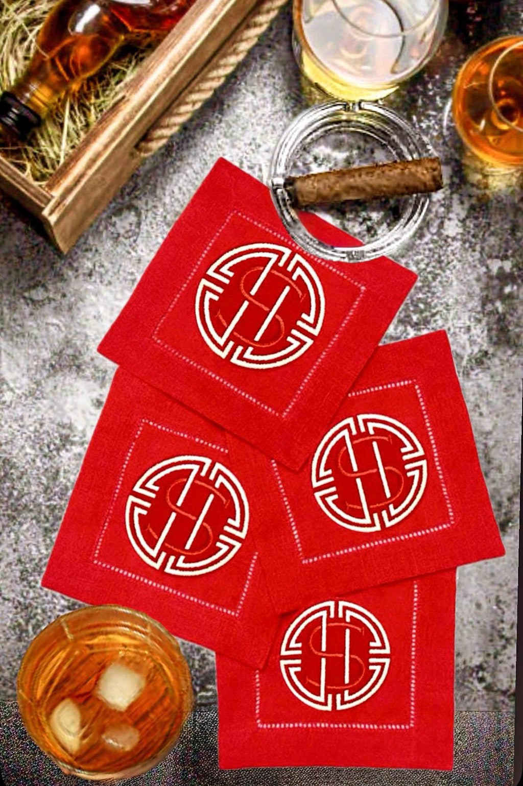 Linen hemstitched monogrammed Cocktail Napkin personalized Coasters Embroidered Cocktail Napkin Cocktail brodées Serviette en lin Aperitivo