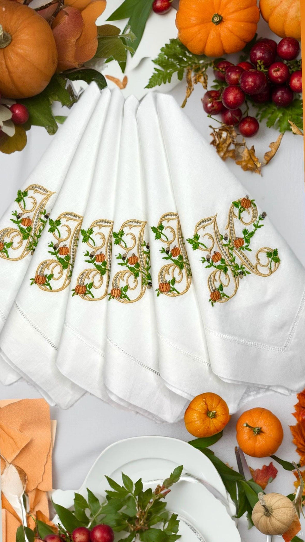 Fall Embroidered Thanksgiving napkins Monogrammed embroidered linen napkin Linen cotton blend Dinner Napkins pumpkin dinner napkins holiday