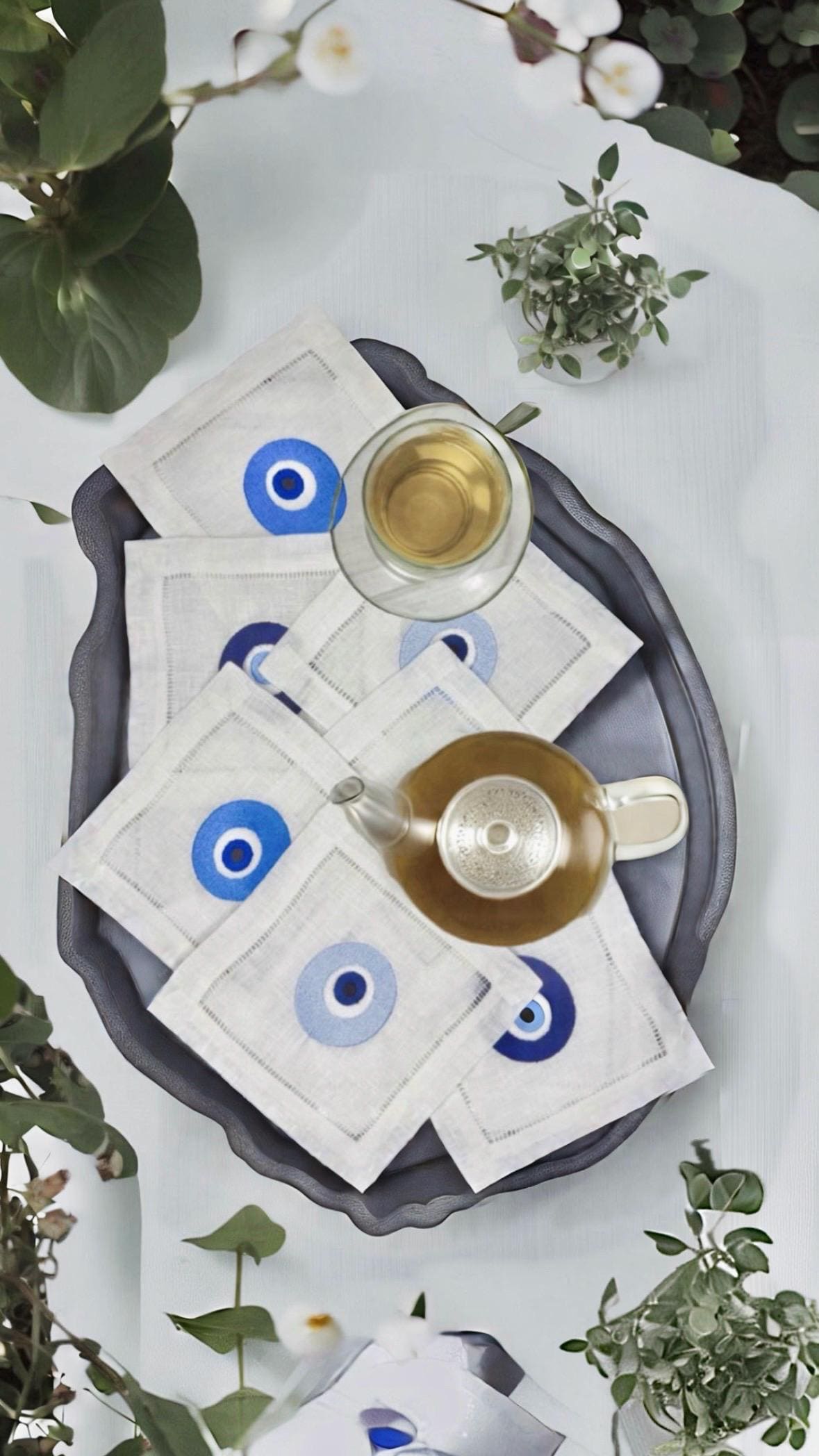 Evil Eye Amulet  Linen hemstitched Cocktail Napkins Nazar Evil Eye coasters Embroidered Cocktail Napkins brodées Serviette en lin Aperitivo