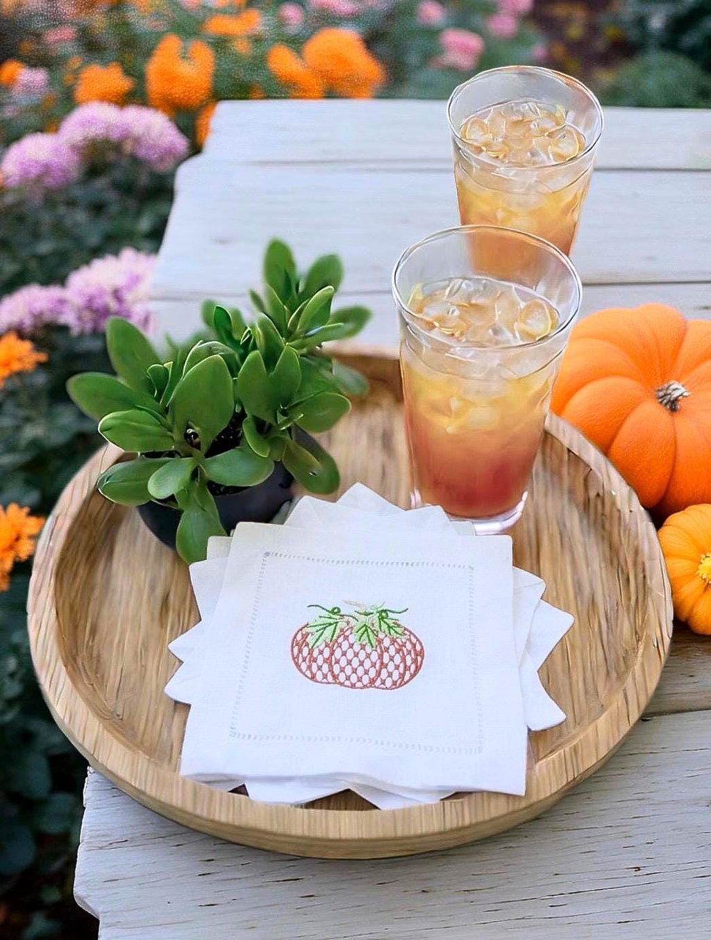 Fall Pumpkin embroidered Cocktail Napkins Hemstitched Monogramed Cocktail Napkin Cocktail brodées Serviette en lin/Aperitivo coasters