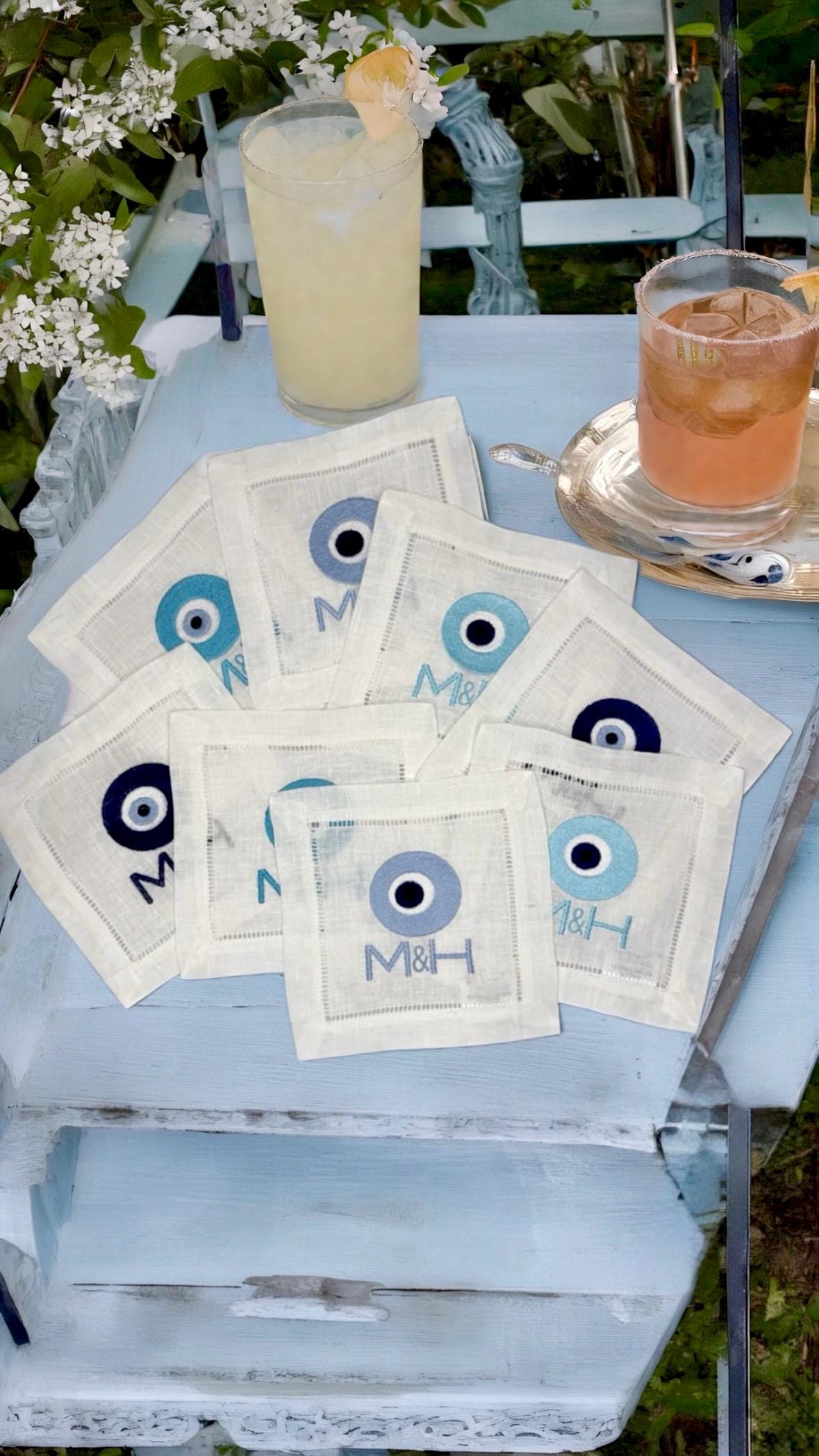 Evil Eye Amulet  Linen hemstitched Cocktail Napkins Nazar Evil Eye coasters Embroidered Cocktail Napkins brodées Serviette en lin Aperitivo
