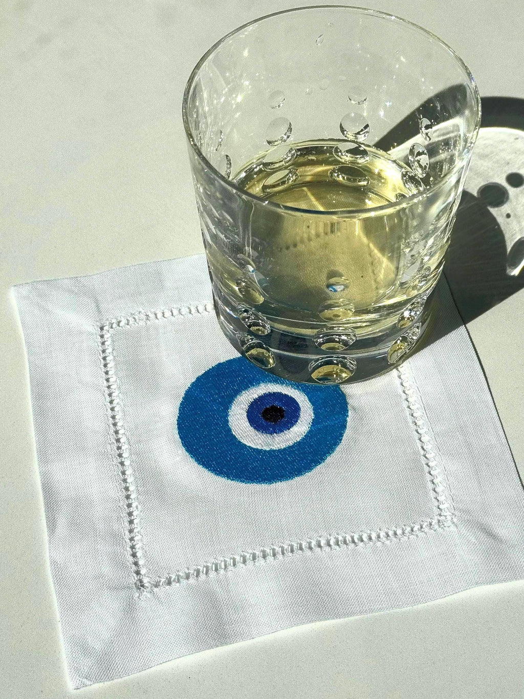 Evil Eye Amulet  Linen hemstitched Cocktail Napkins Nazar Evil Eye coasters Embroidered Cocktail Napkins brodées Serviette en lin Aperitivo