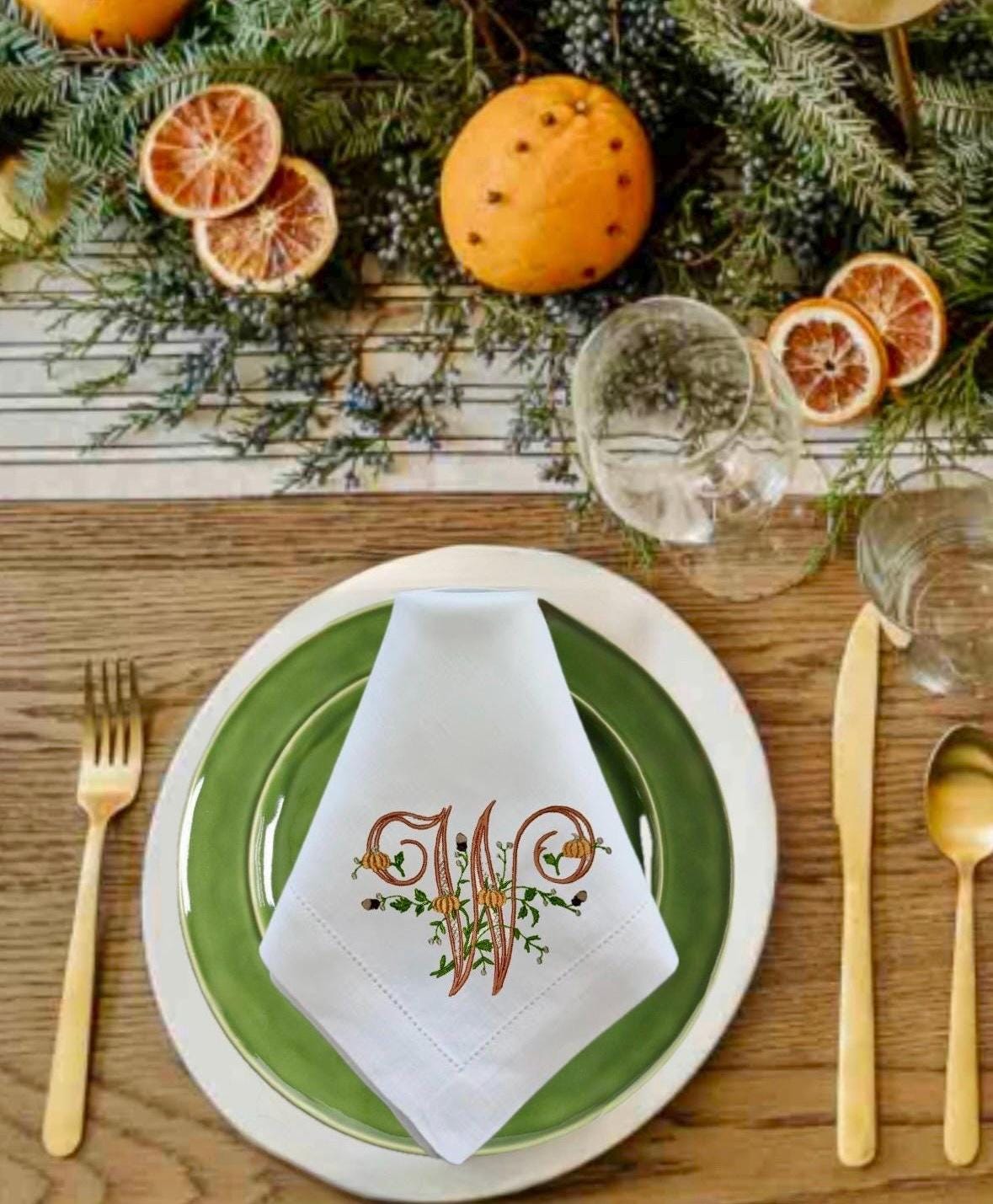 Fall Embroidered Thanksgiving napkins Monogrammed embroidered linen napkin Linen cotton blend Dinner Napkins pumpkin dinner napkins holiday