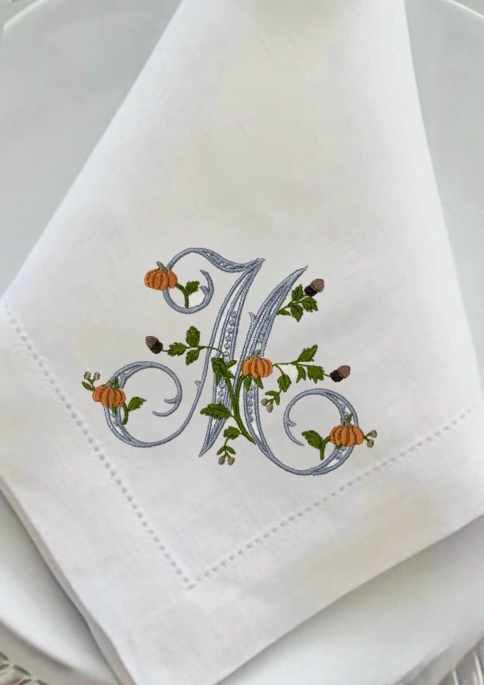 Fall Embroidered Thanksgiving napkins Monogrammed embroidered linen napkin Linen cotton blend Dinner Napkins pumpkin dinner napkins holiday