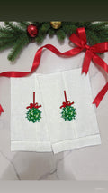 Christmas embroidered linen guest towel Personalized holiday mistletoe bathroom decor festive embroidery designs hand towels guest bathroom