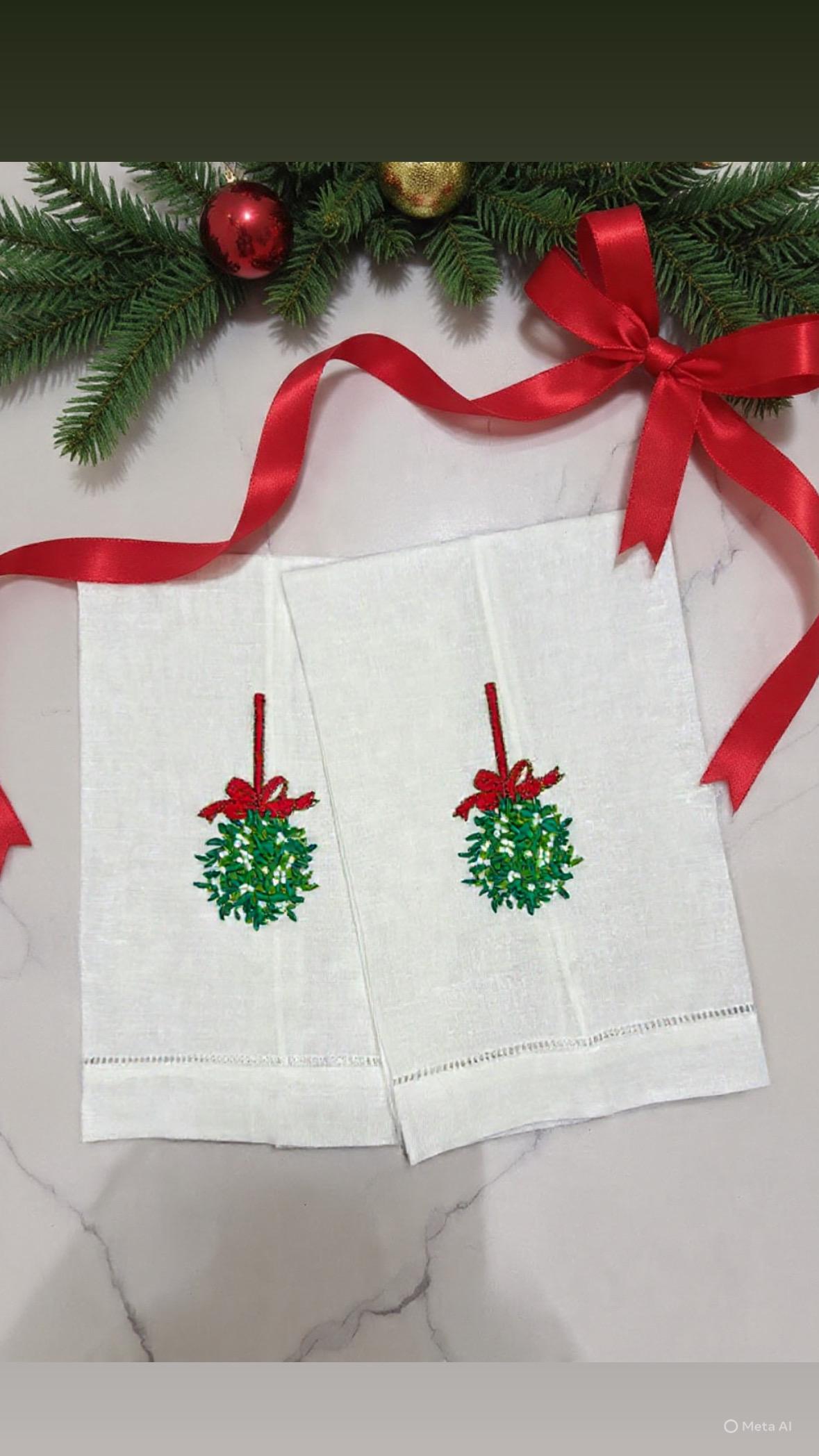 Christmas embroidered linen guest towel Personalized holiday mistletoe bathroom decor festive embroidery designs hand towels guest bathroom