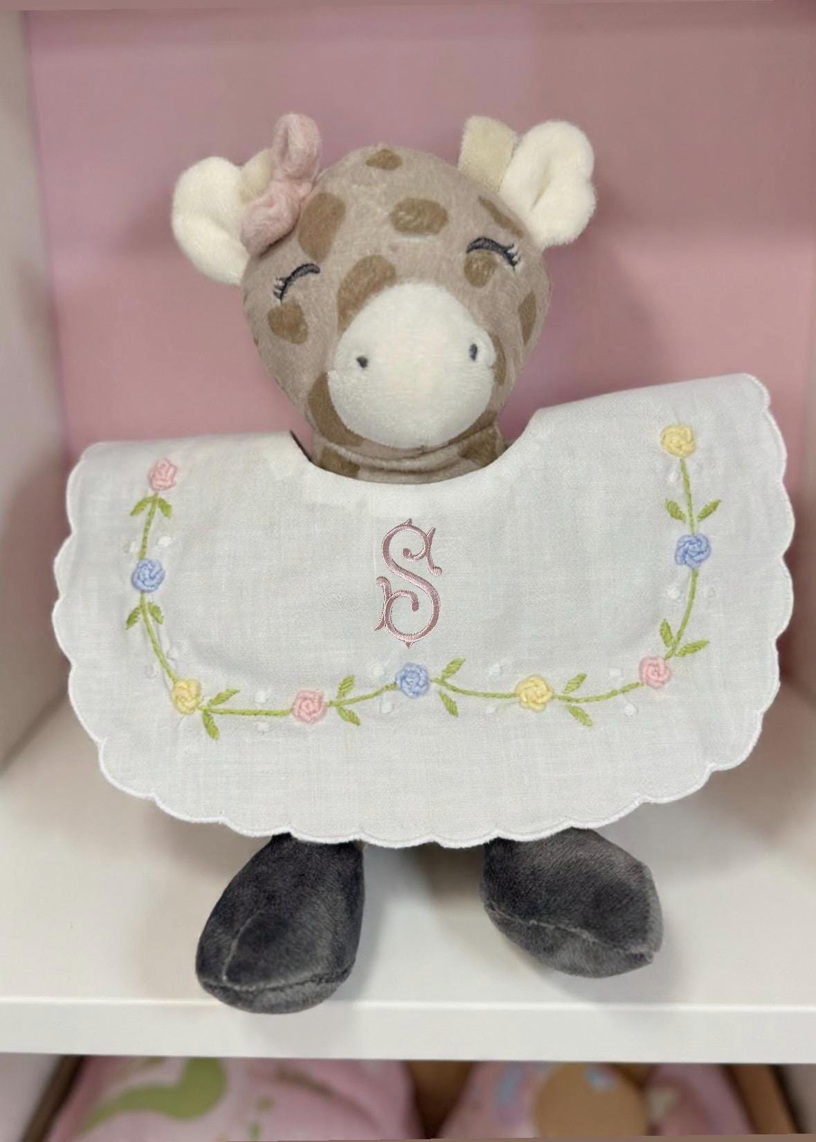 Personalized Baby Bib Pastel Roses Heirloom Linen Bib Bowknot flowers Bib God Child Baby Girl bib Christening Baptismal first birthday bib
