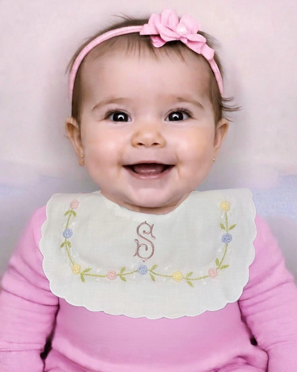 Personalized Baby Bib Pastel Roses Heirloom Linen Bib Bowknot flowers Bib God Child Baby Girl bib Christening Baptismal first birthday bib