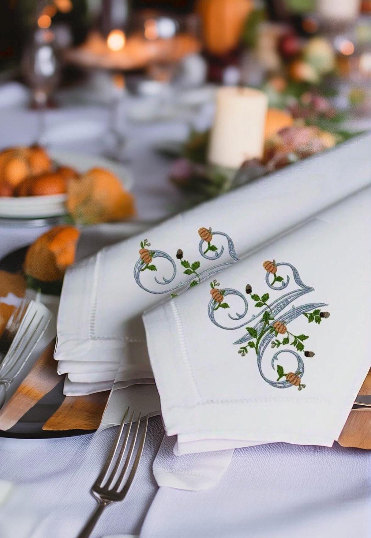 Fall Embroidered Thanksgiving napkins Monogrammed embroidered linen napkin Linen cotton blend Dinner Napkins pumpkin dinner napkins holiday