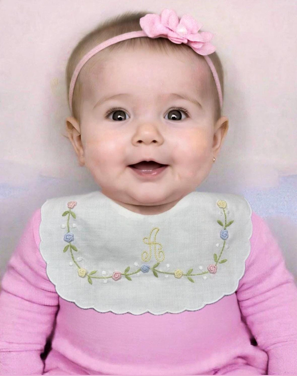 Personalized Baby Bib Pastel Roses Heirloom Linen Bib Bowknot flowers Bib God Child Baby Girl bib Christening Baptismal first birthday bib