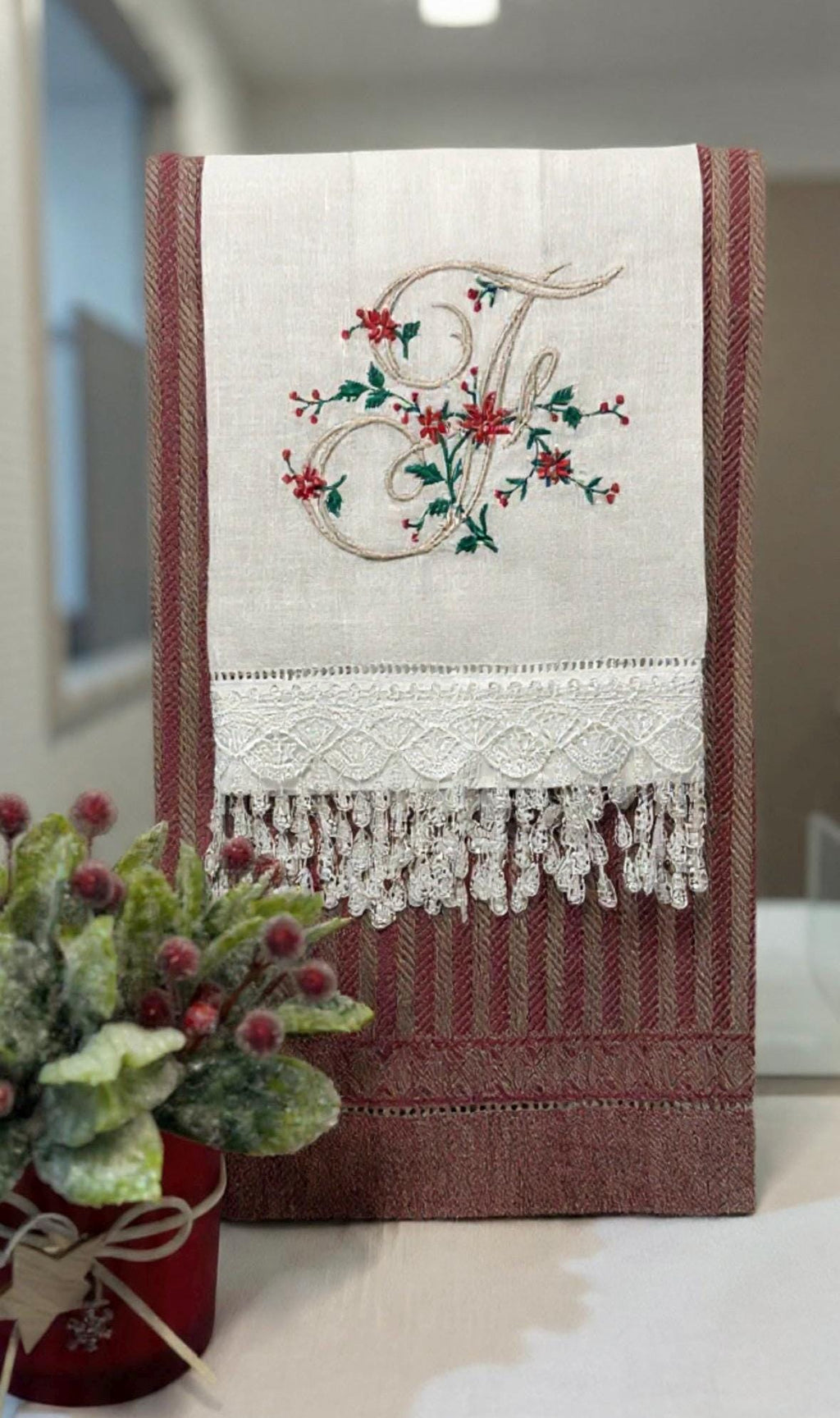 Christmas Personalized linen guest towels embroidered poinsettia monogram bathroom towels festive embroidery designs guest bathroom towels