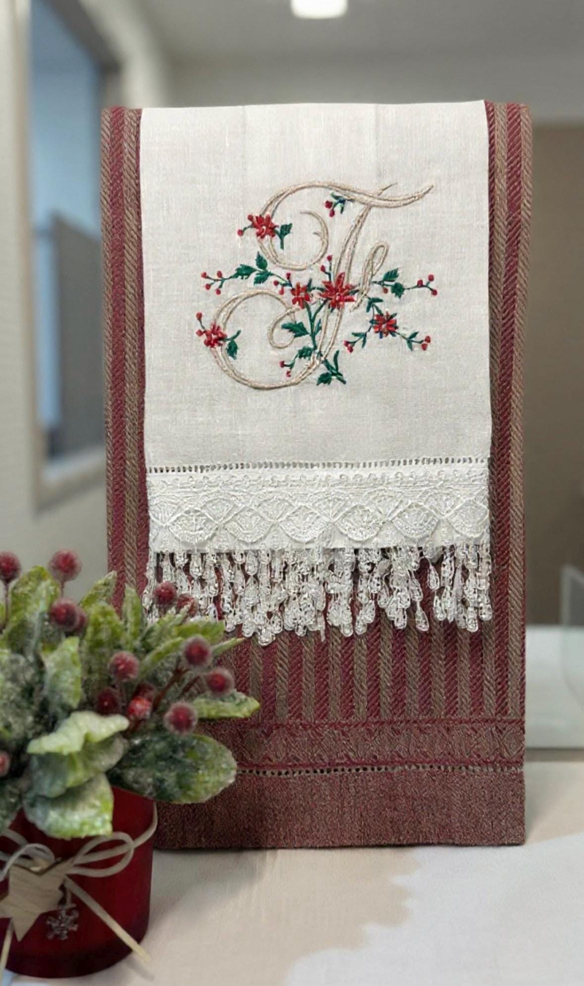 Christmas Personalized linen guest towels embroidered poinsettia monogram bathroom towels festive embroidery designs guest bathroom towels