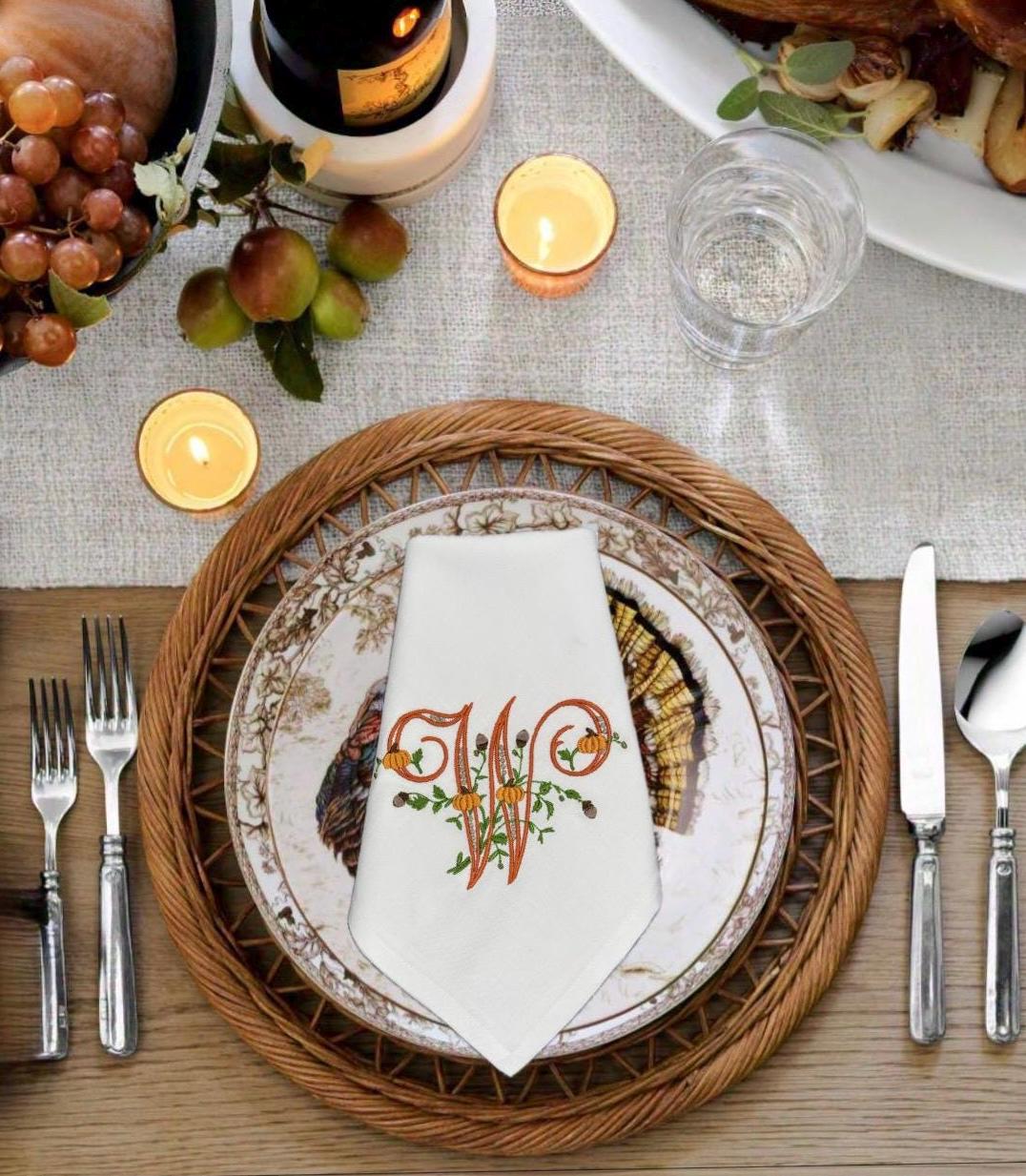 Fall Embroidered Thanksgiving napkins Monogrammed embroidered linen napkin Linen cotton blend Dinner Napkins pumpkin dinner napkins holiday