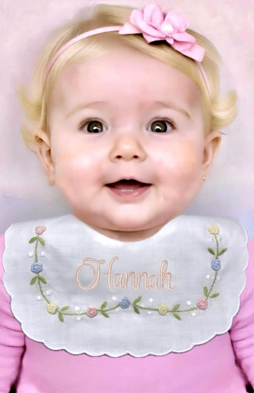Personalized Baby Bib Pastel Roses Heirloom Linen Bib Bowknot flowers Bib God Child Baby Girl bib Christening Baptismal first birthday bib