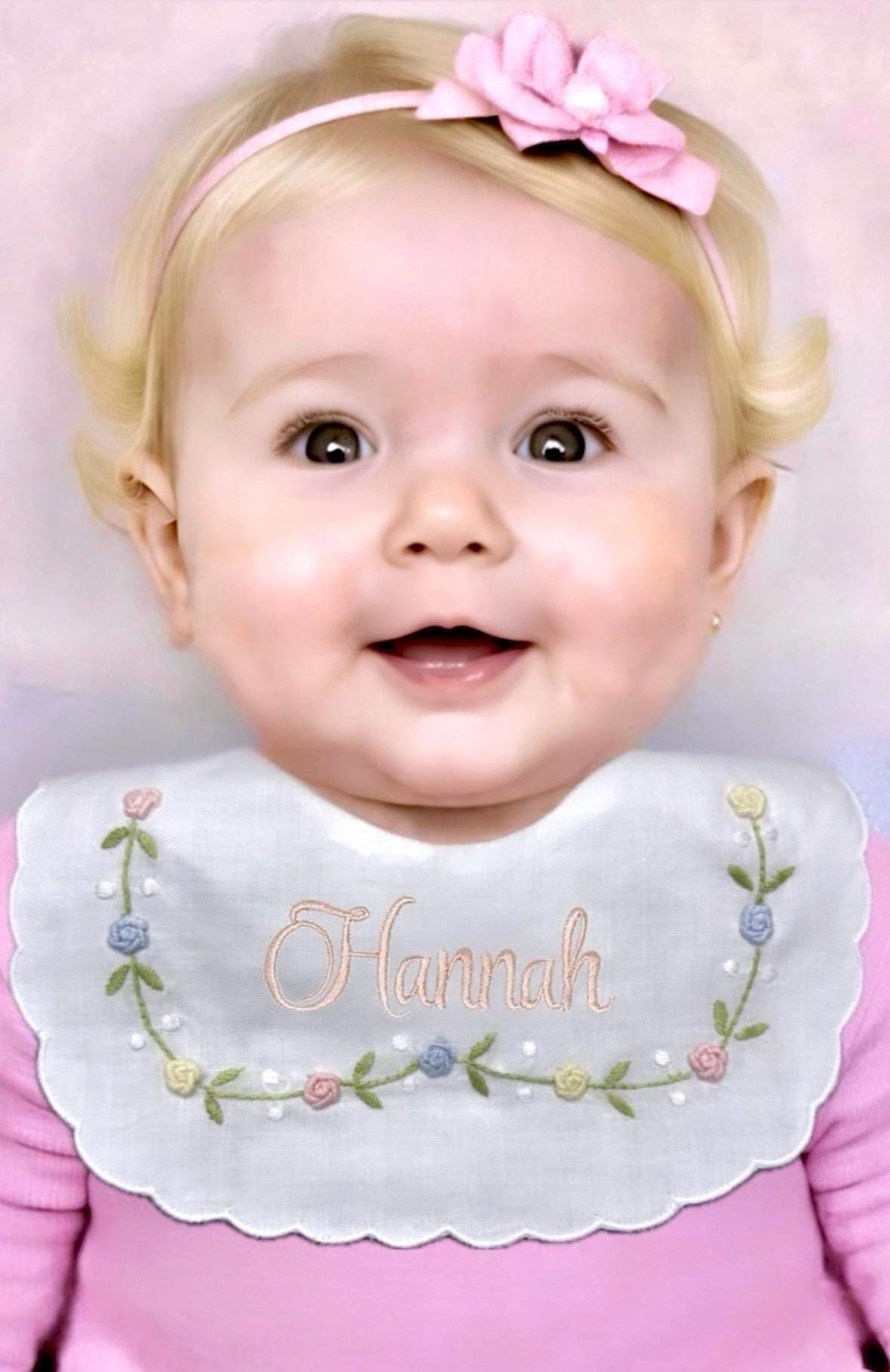 Personalized Baby Bib Pastel Roses Heirloom Linen Bib Bowknot flowers Bib God Child Baby Girl bib Christening Baptismal first birthday bib