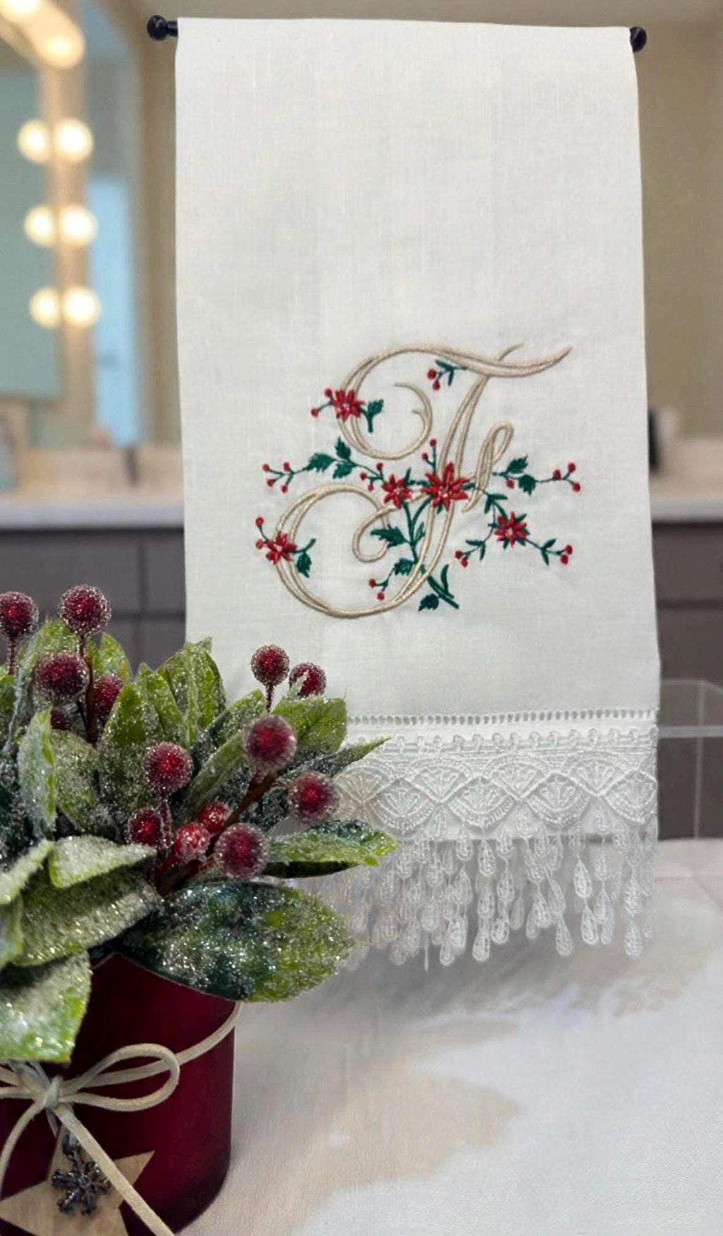 Christmas Personalized linen guest towels embroidered poinsettia monogram bathroom towels festive embroidery designs guest bathroom towels