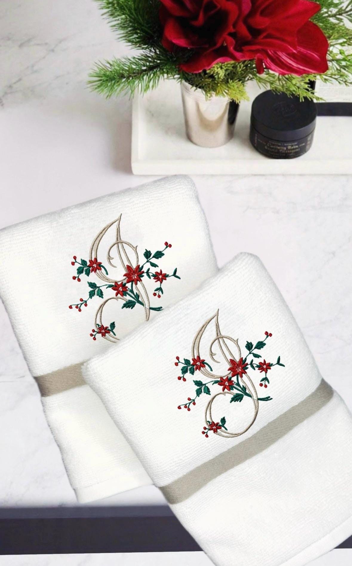 Christmas Personalized linen guest towels embroidered poinsettia monogram bathroom towels festive embroidery designs guest bathroom towels