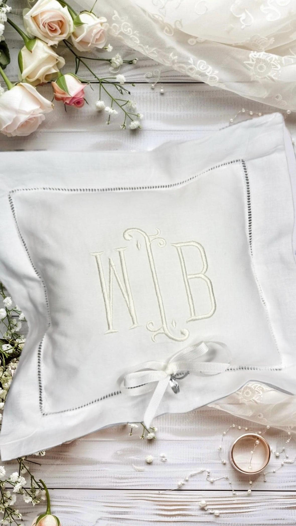Ring bearer pillow personalized linen hemstitch Swiss dots ring cushion embroidered Monogrammed Engagement custom ring bearer linen pillow