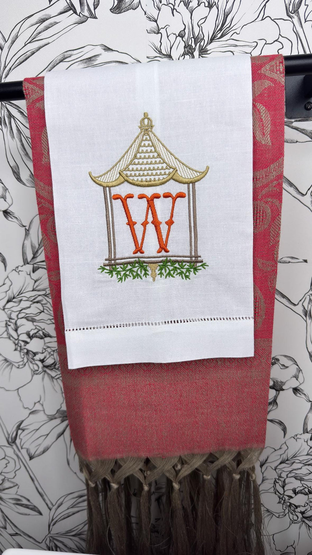 Monogrammed Pagoda Temple Towel Embroidered Chinoiserie Pagoda linen Hand Kitchen towel Personalized decor guest towels Asian embroidery