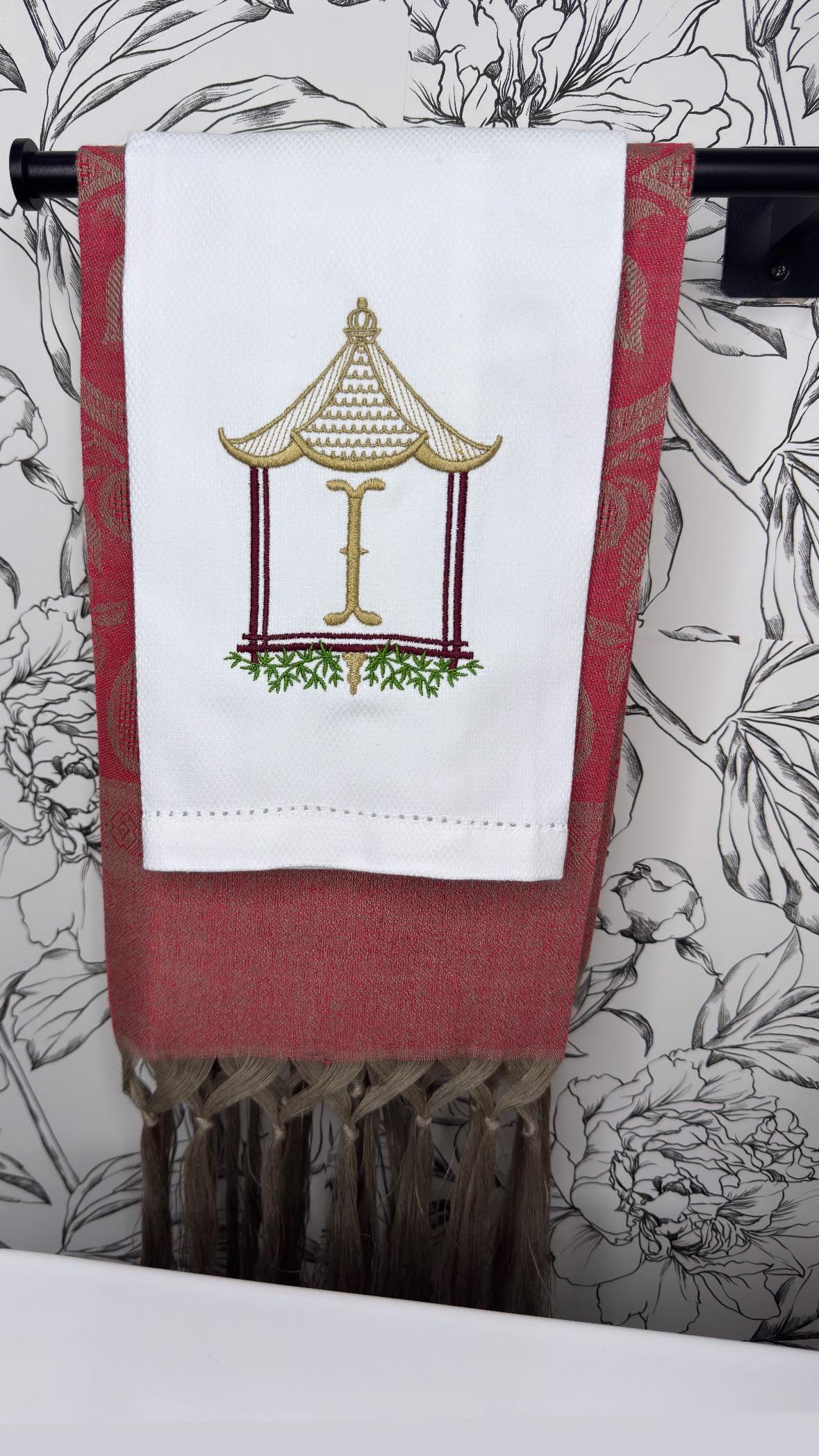 Monogrammed Pagoda Temple Towel Embroidered Chinoiserie Pagoda linen Hand Kitchen towel Personalized decor guest towels Asian embroidery