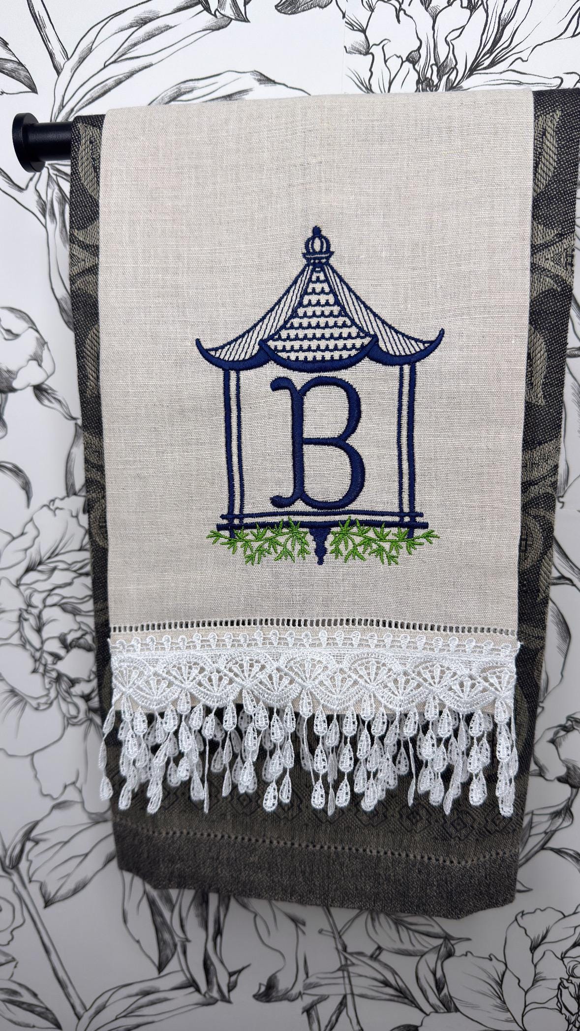 Monogrammed Pagoda Temple Towel Embroidered Chinoiserie Pagoda linen Hand Kitchen towel Personalized decor guest towels Asian embroidery