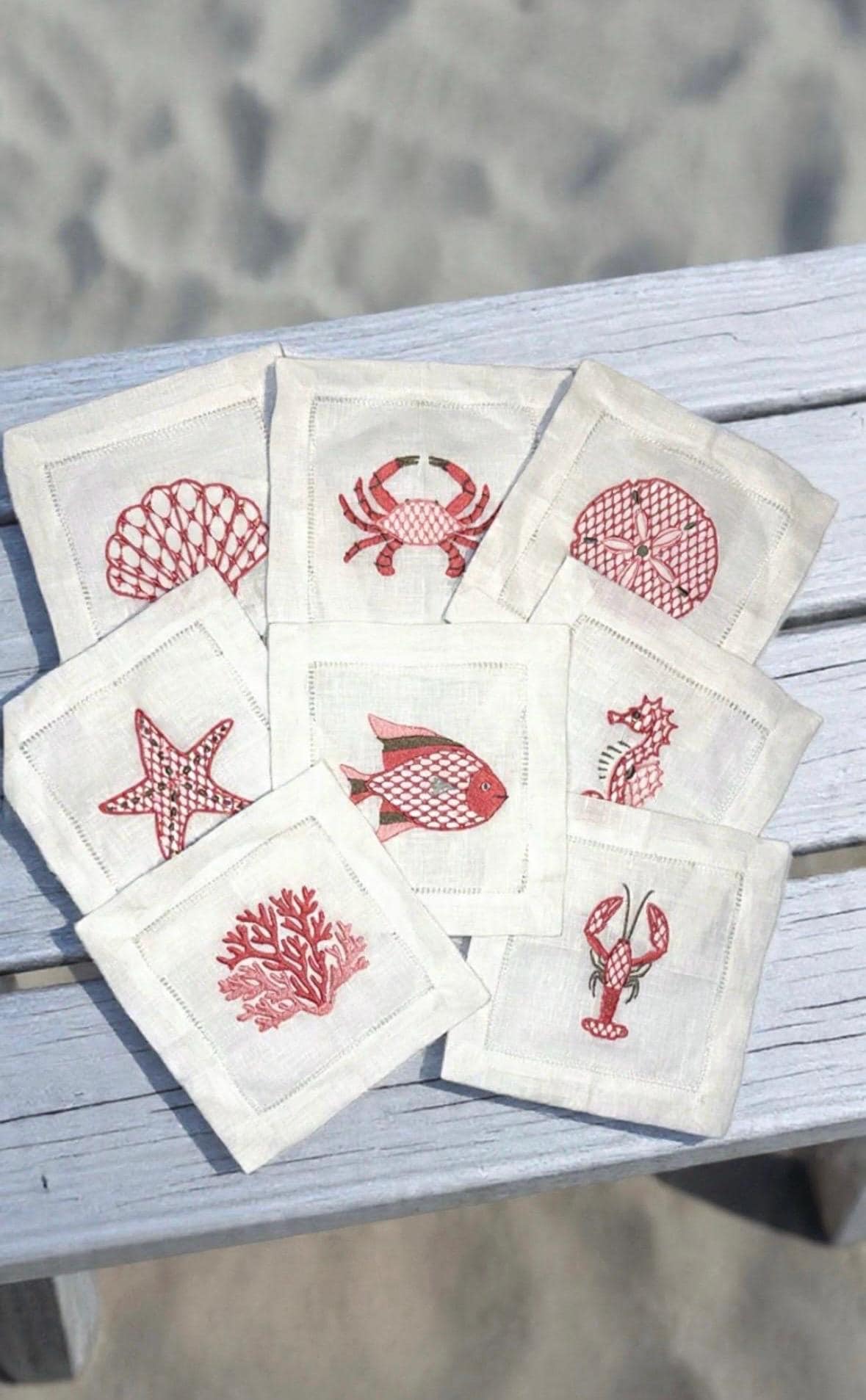 Linen hemstitched Cocktail Napkins Coastal Cocktail Napkins Embroidered Cocktail Napkin/Cocktail brodées Serviette en lin/Aperitivo coasters