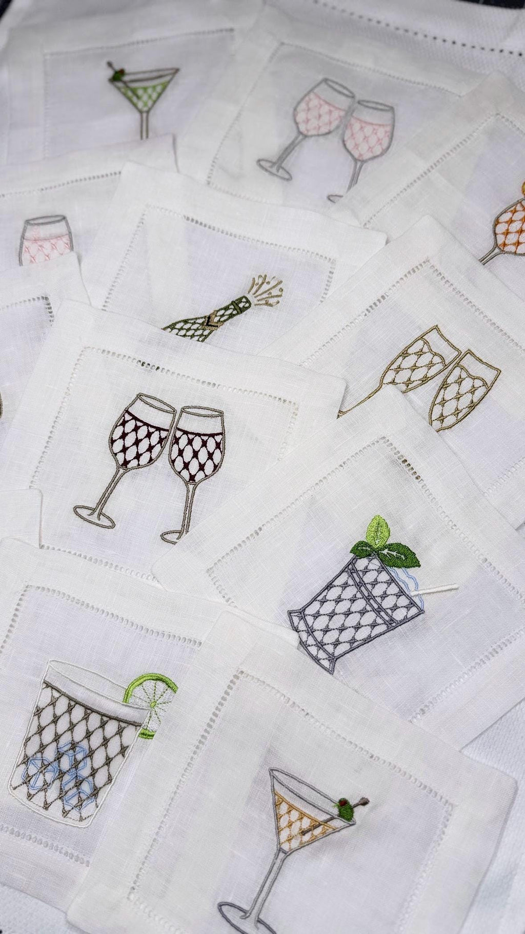 Embroidered Linen Cocktail Napkins: Aperitivo Drink Coasters