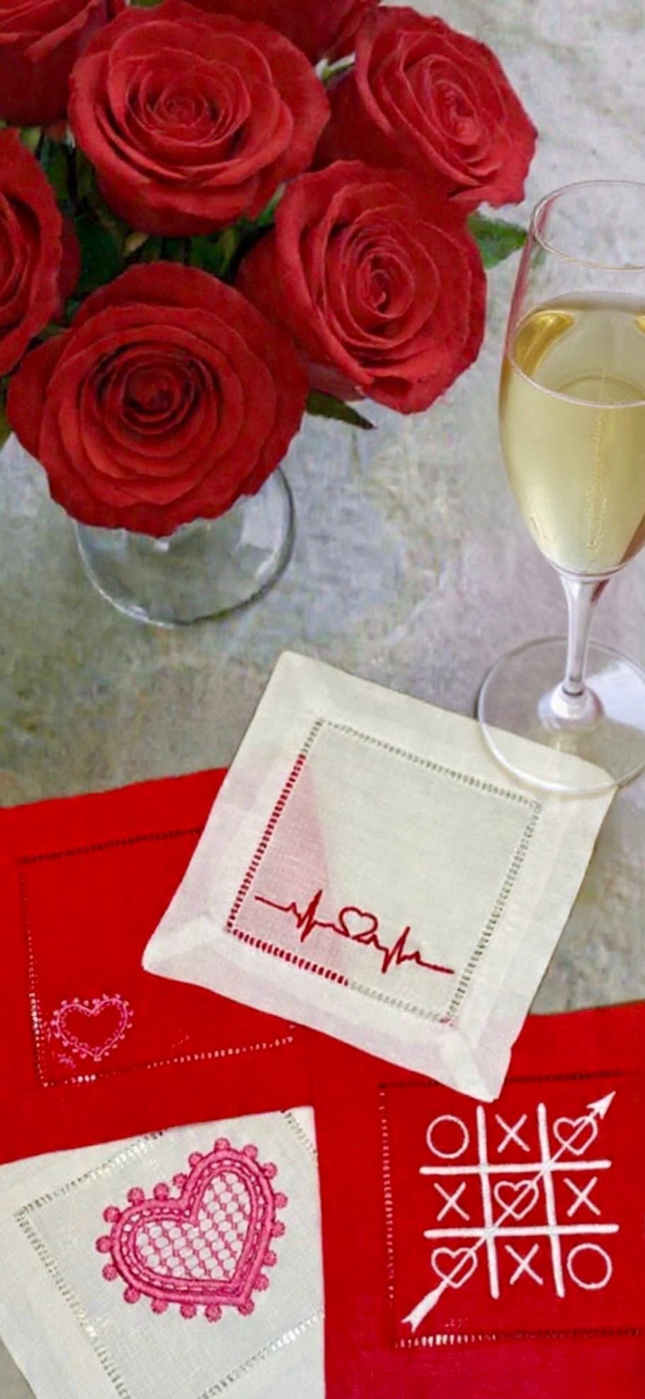 Valentine's Cocktail Napkins, Heart embroidered Cocktail Napkins, love coasters dinner napkins Valentine's Day Heart Napkins
