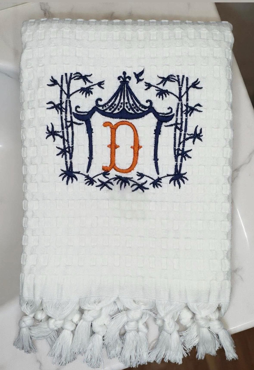 Embroidered Chinoiserie Temple Pagoda Monogram wheat Pagoda Bamboo Frame Personalized Hand Kitchen towel decor guest towels Asian embroidery