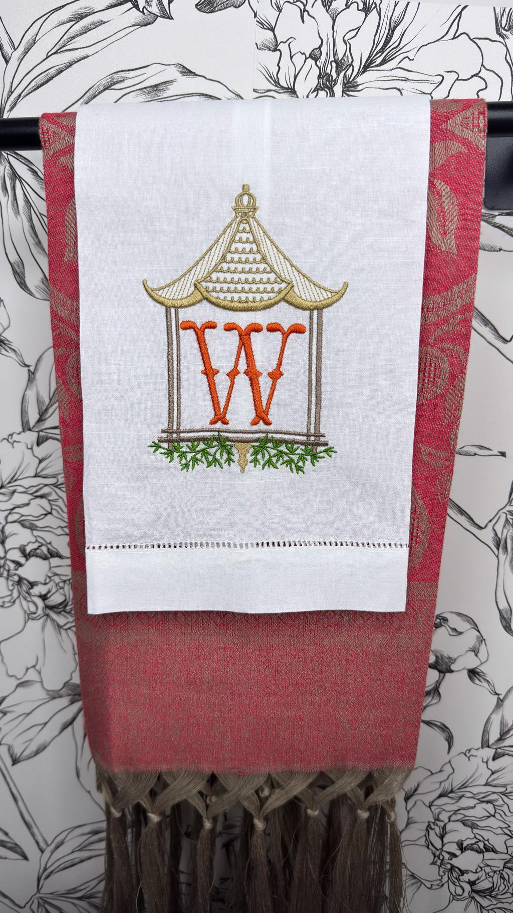 Monogrammed Pagoda Temple Towel Embroidered Chinoiserie Pagoda linen Hand Kitchen towel Personalized decor guest towels Asian embroidery