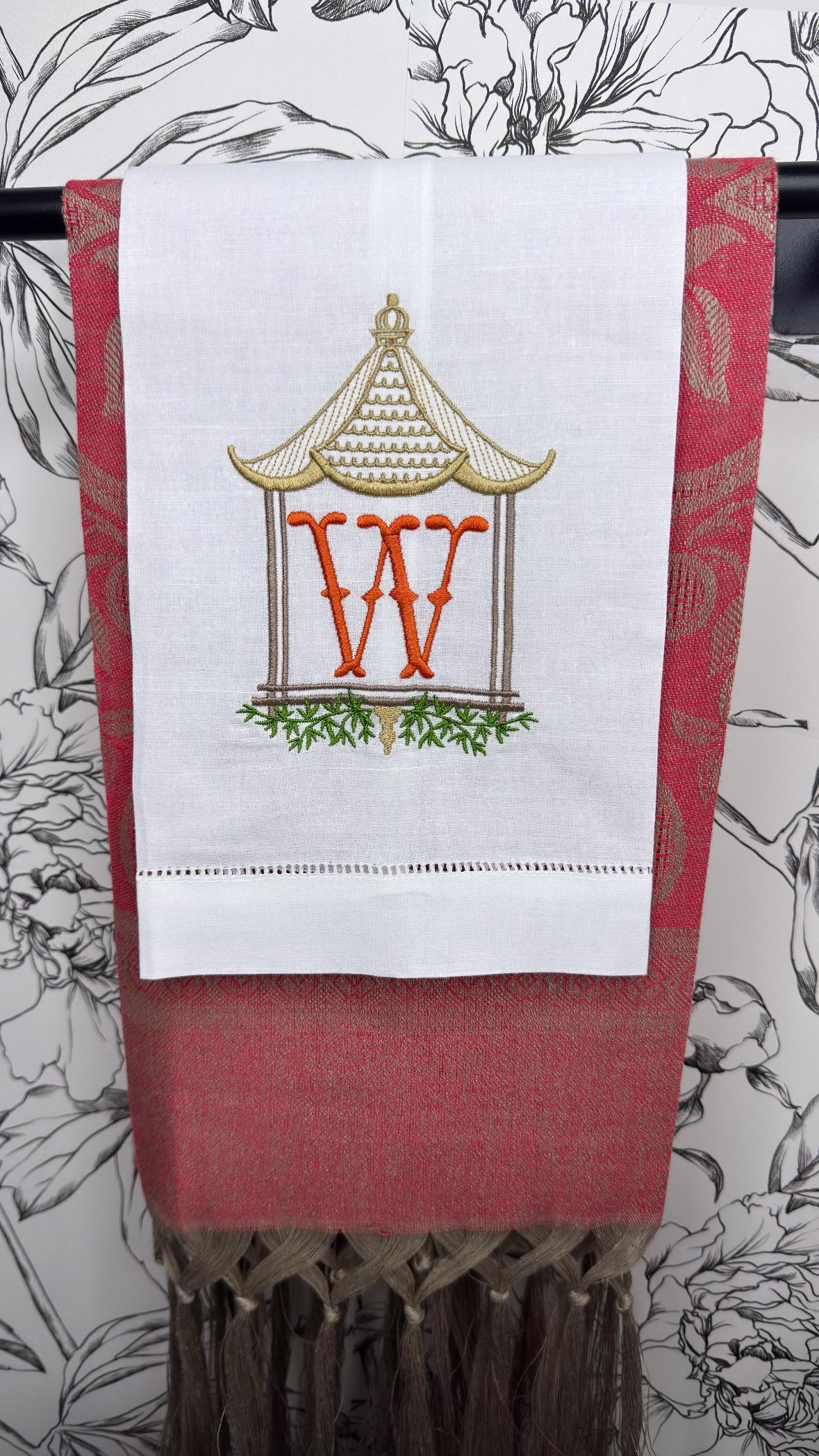 Monogrammed Pagoda Temple Towel Embroidered Chinoiserie Pagoda linen Hand Kitchen towel Personalized decor guest towels Asian embroidery