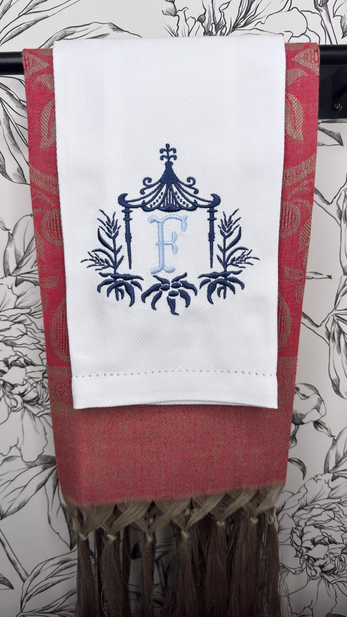 Embroidered Chinoiserie Temple Pagoda Monogram wheat Pagoda Bamboo Frame Personalized Hand Kitchen towel decor guest towels Asian embroidery