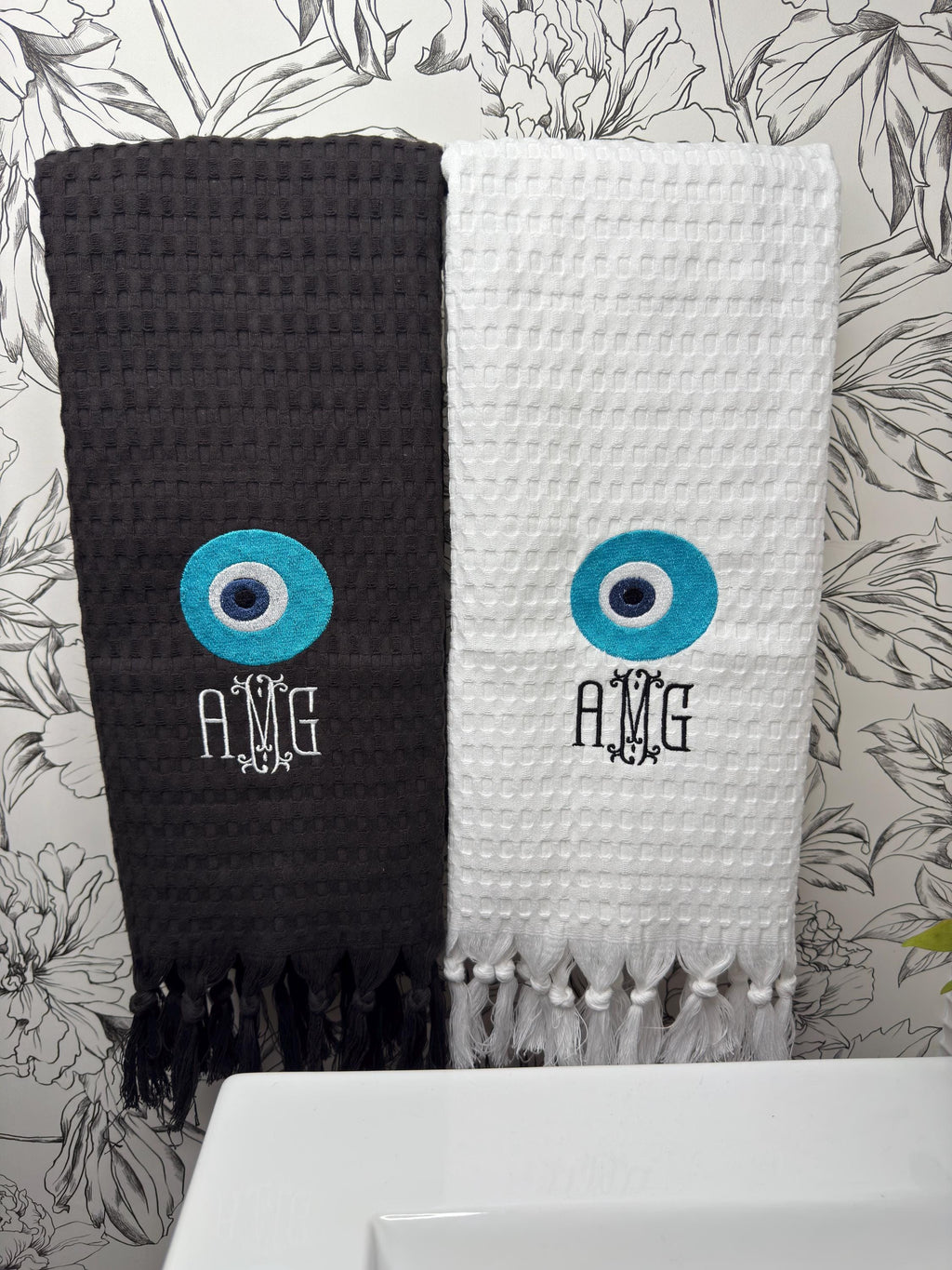 Evil Eye Embroidered guest towel Greek evil eye embroidered towel Turkish good luck symbol embroidered Nazar Amulet Talisman