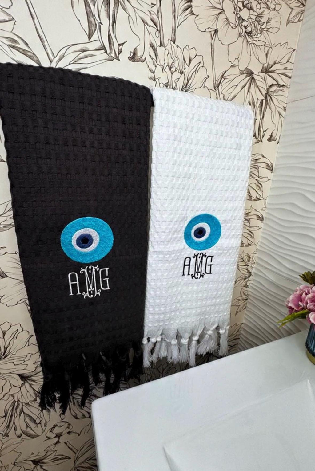 Evil Eye Embroidered guest towel Greek evil eye embroidered towel Turkish good luck symbol embroidered Nazar Amulet Talisman