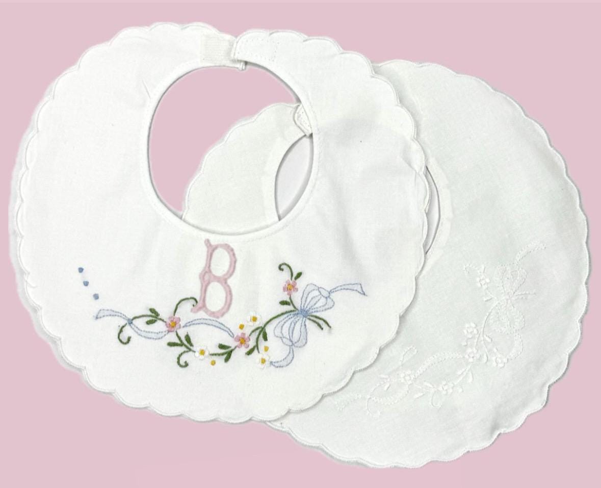 Personalized Baby Bib Pastel Roses Heirloom Linen Bib Bowknot flowers Bib God Child Baby Girl bib Christening Baptismal first birthday bib