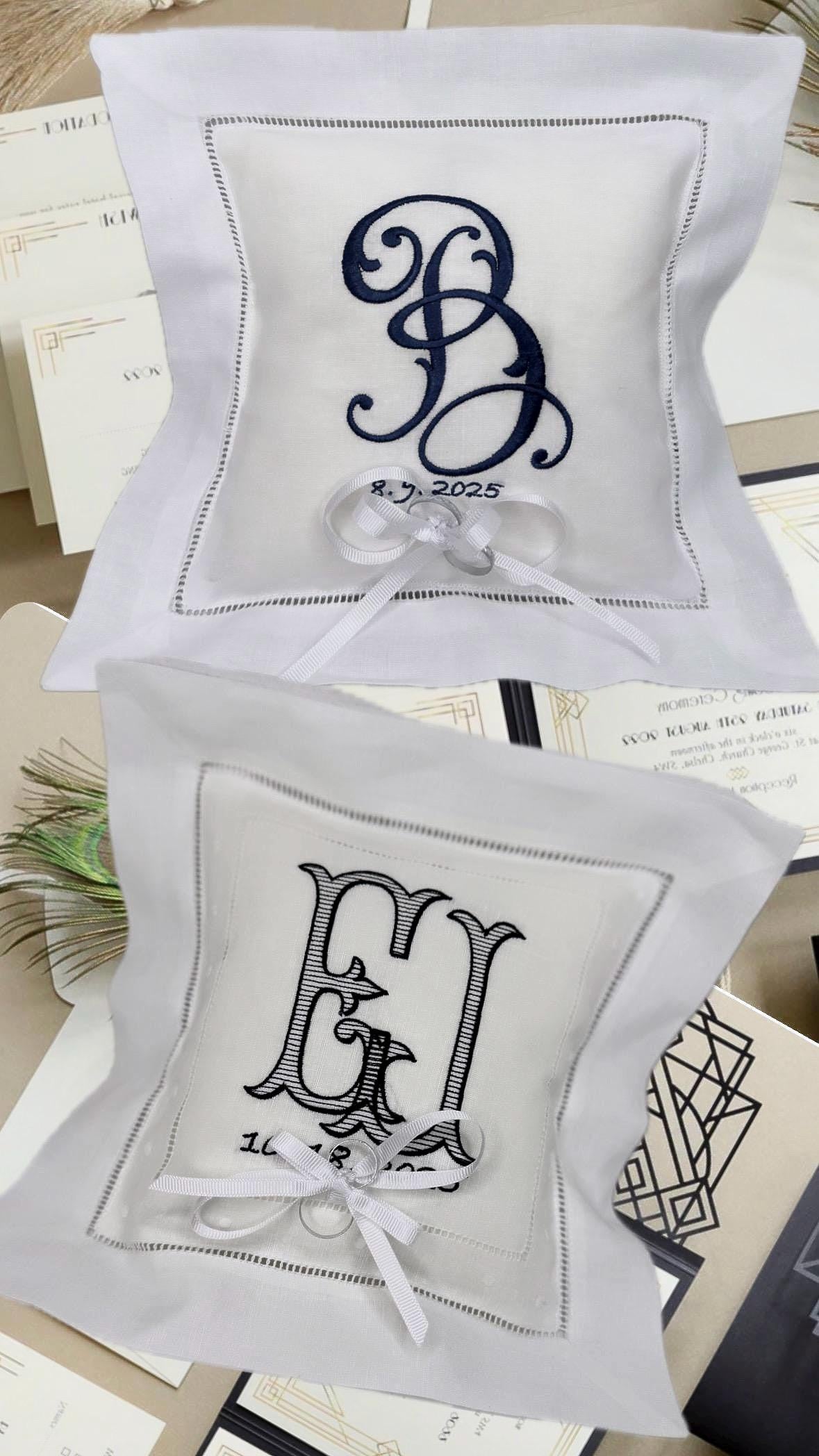 Ring Bearer personalized linen hemstitched white pillow embroidered Monogrammed Ring Bearer Pillow embroidered initials bridal decor Wedding