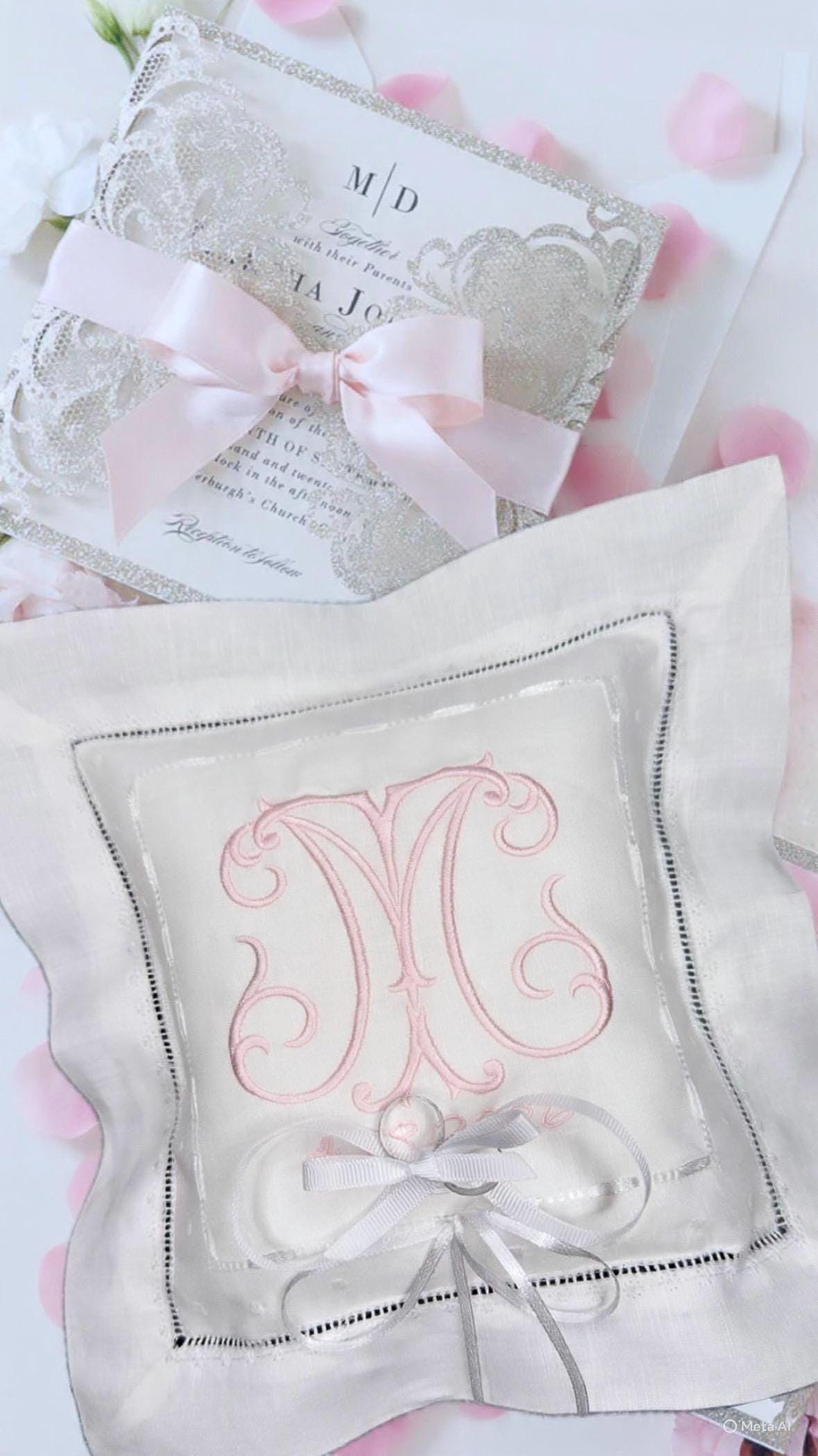 Ring Bearer personalized linen hemstitched white pillow embroidered Monogrammed Ring Bearer Pillow embroidered initials bridal decor Wedding