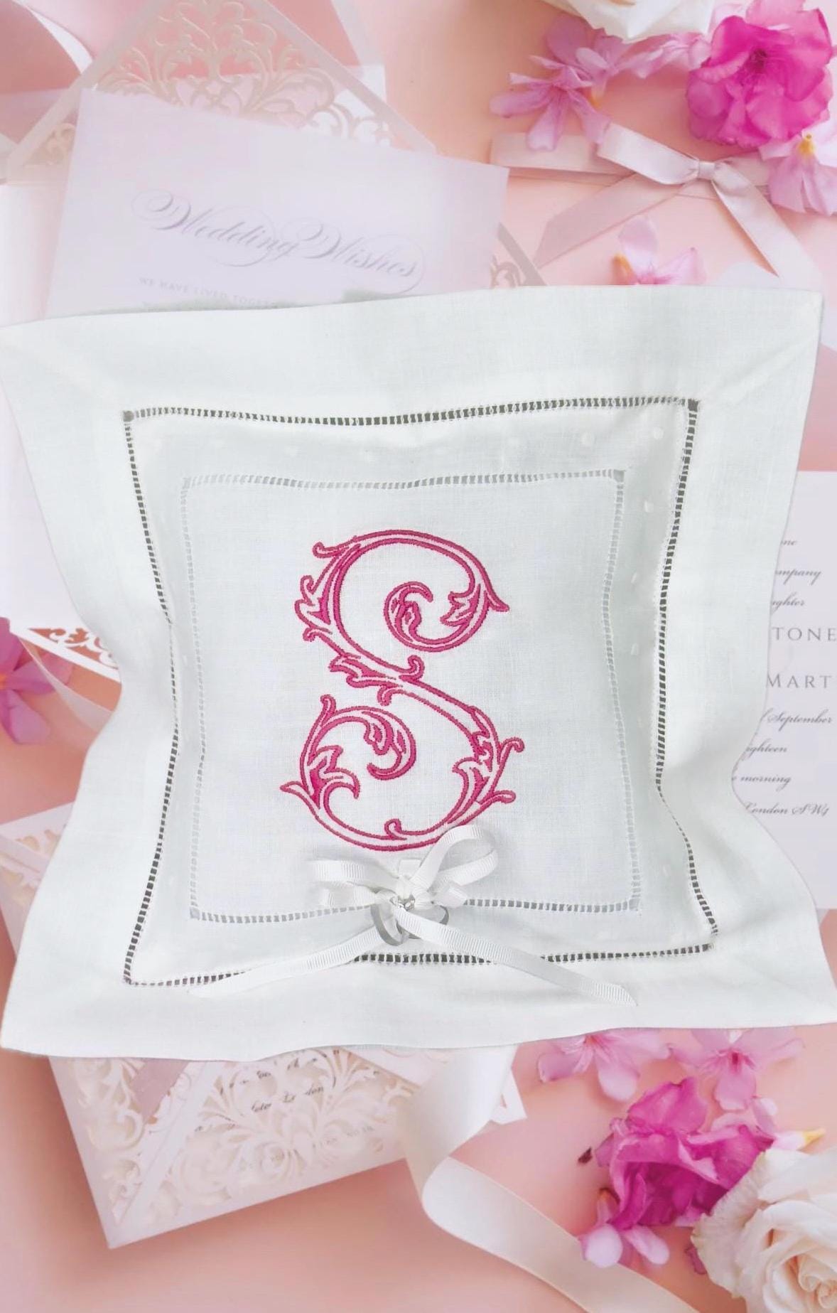 Ring Bearer personalized linen hemstitched white pillow embroidered Monogrammed Ring Bearer Pillow embroidered initials bridal decor Wedding
