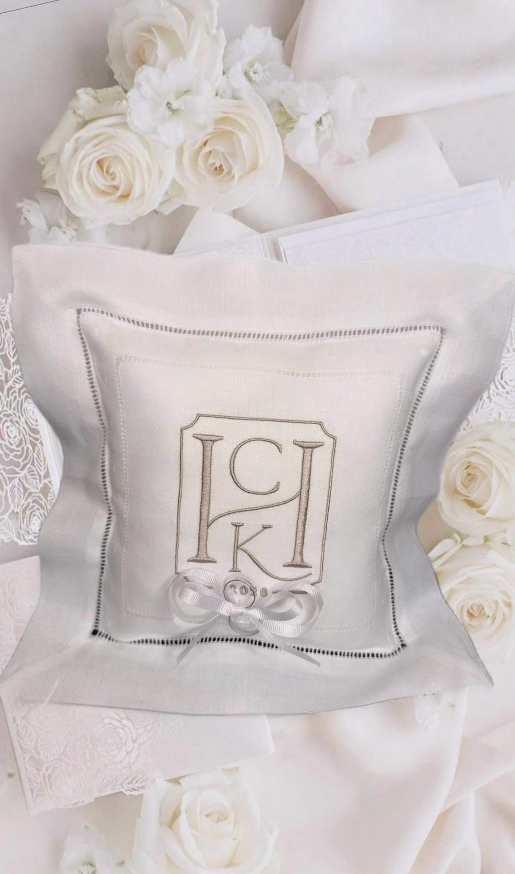 Ring Bearer personalized linen hemstitched white pillow embroidered Monogrammed Ring Bearer Pillow embroidered initials bridal decor Wedding